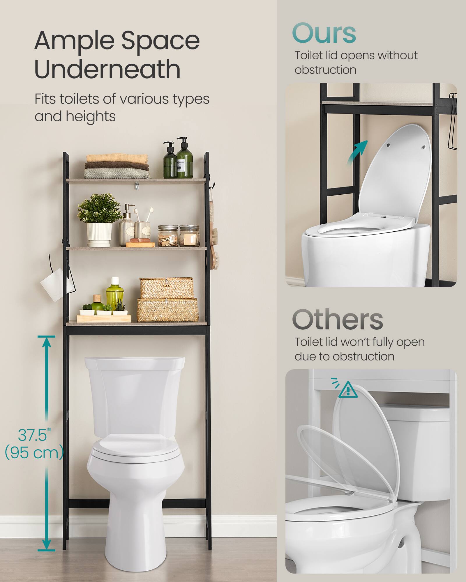 Ample Space Underneath  
Fits toilets of various types and heights  

Ours  
Toilet lid opens without obstruction  

Others  
Toilet lid won't fully open due to obstruction  

37.5" (95 cm)