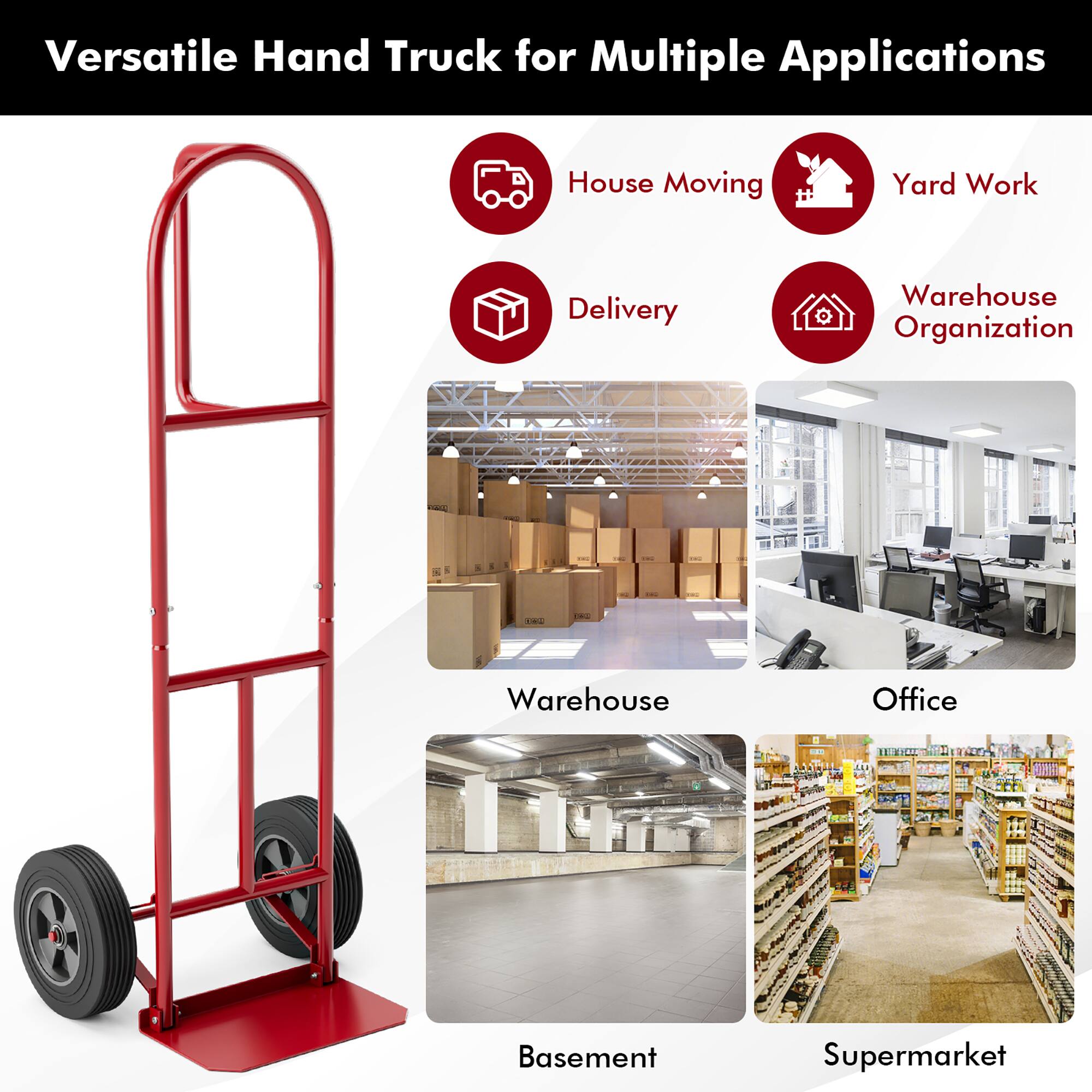 Versatile Hand Truck for Multiple Applications: House Moving, Yard Work, Delivery, Warehouse, Organization, Office, Basement, Supermarket.