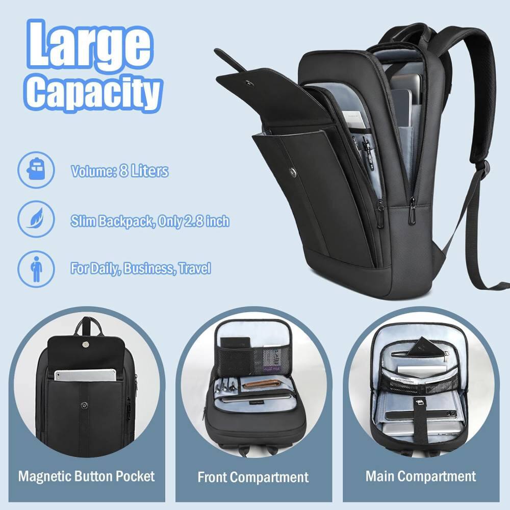 Large Capacity

- Volume: 8 Liters
- Slim Backpack, Only 2.8 inch
- For Daily, Business, Travel

Magnetic Button Pocket

Front Compartment

Main Compartment