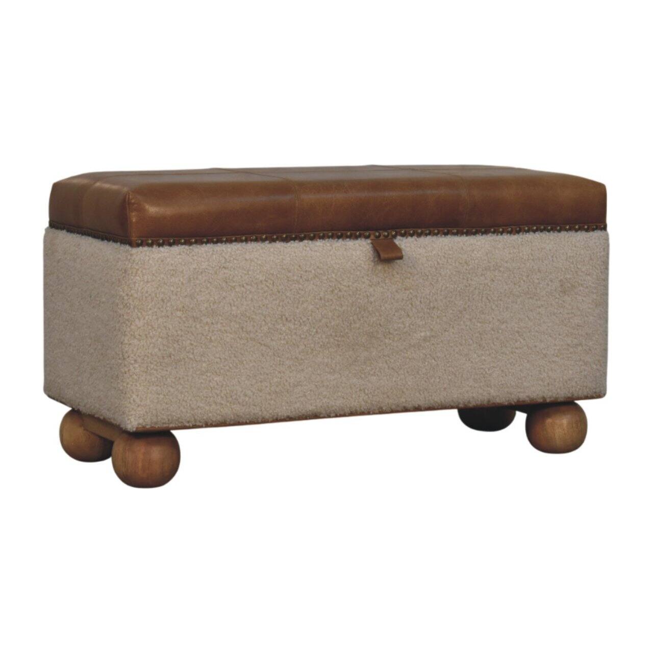 Angle. Artisan Furniture - Artisan Furniture Solid Wood Boucle Lid- up Storage Ottoman, Upholstered, Boucle Fabric, Leather, Cream & Brown - Brown & Cream.
