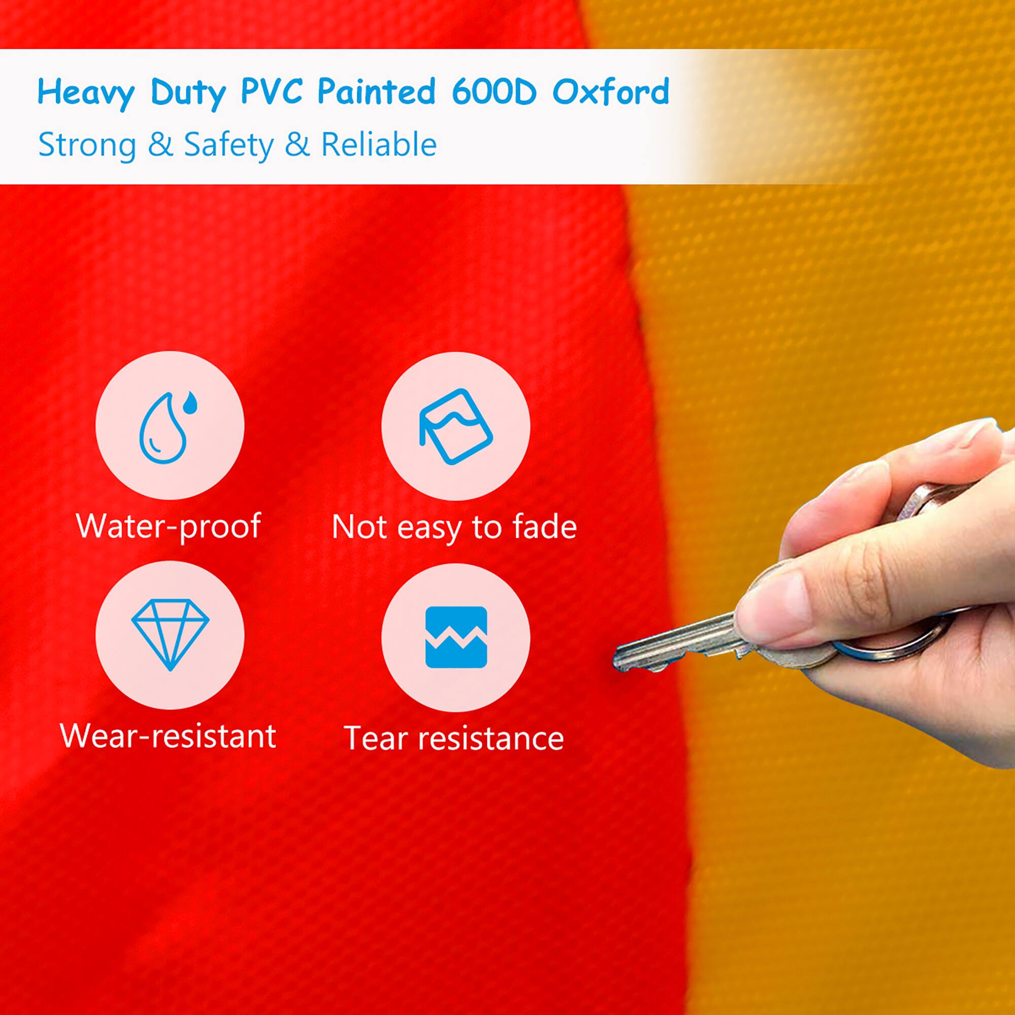 Heavy Duty PVC Painted 600D Oxford  
Strong & Safety & Reliable  

- Water-proof  
- Not easy to fade  
- Wear-resistant  
- Tear resistance