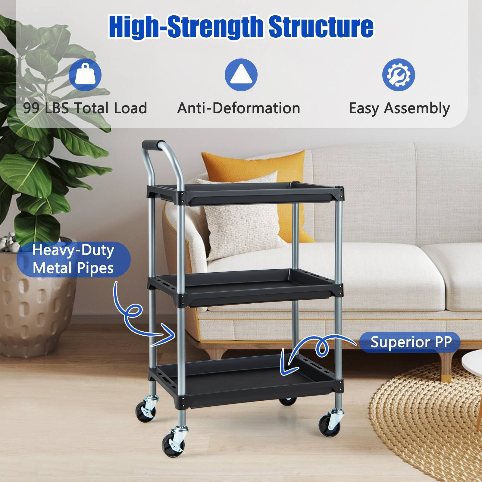 High-Strength Structure, 99 LBS Total Load, Anti-Deformation, Easy Assembly, Heavy-Duty Metal Pipes, Superior PP