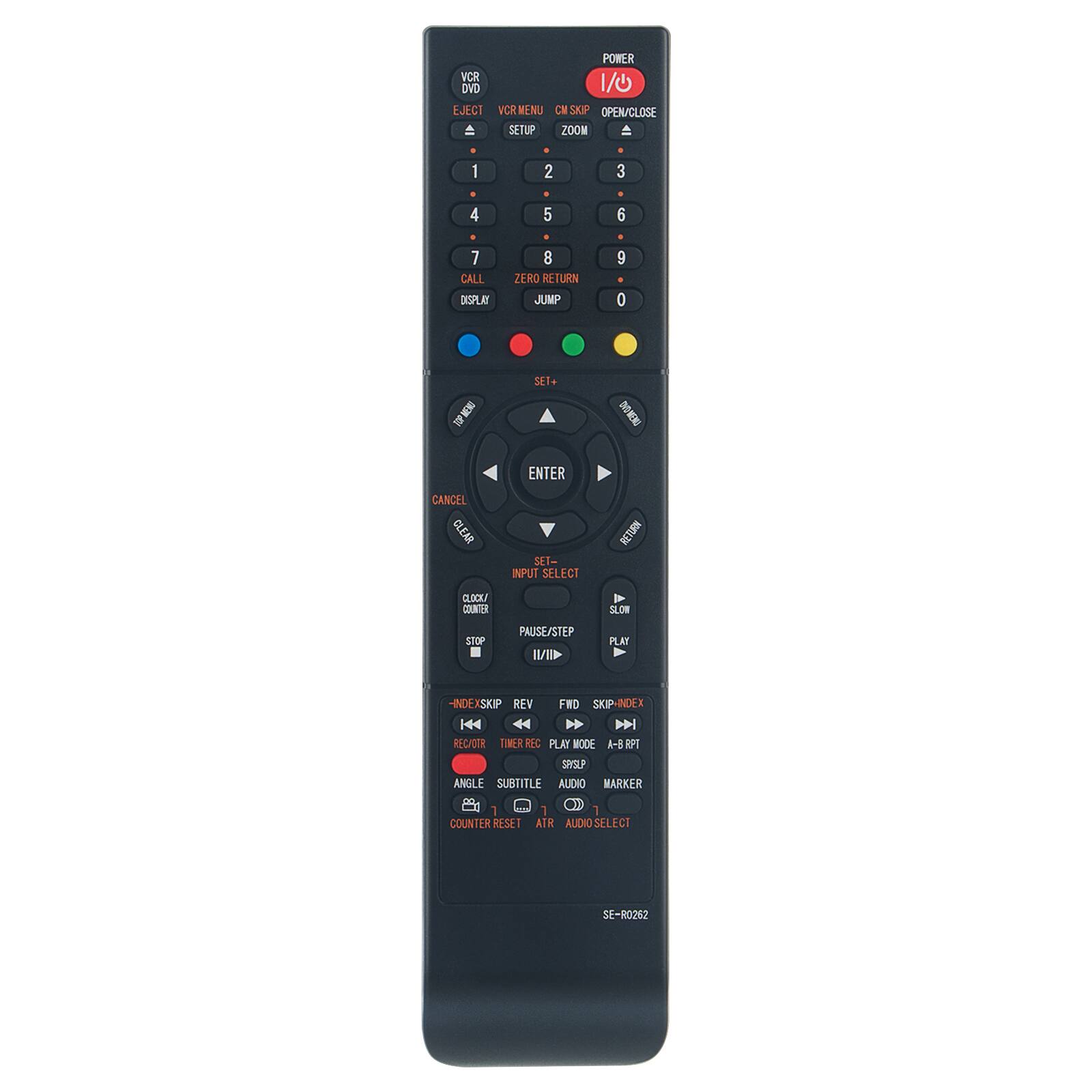 POWER VCR DVD 1/0 EJECT VCR MENU CN SOP OPEN/CLOSE SETUP ZOOM I 2 3 4 5 6 7 CALL DISPLAY 8 ZERO RLTURN JUMP 9 0 T SET+ NMER ENTER CANCEL CLEAR SET- INPUT SELECT RETURN GBC COUNTER V SLOW STOP PAUSE/STEP III PLAY Y -INDEXSKP REV FWD SKIP-INDEX H4 44 H REC/DTR TIMER REC PLAY MODE 4-8 RFT SRGLP ANGLE SUBTITLE AUDIO MARKER OI 1 1 7 COUNTER RISET ATR ALDIO SLLECI SE-R0262