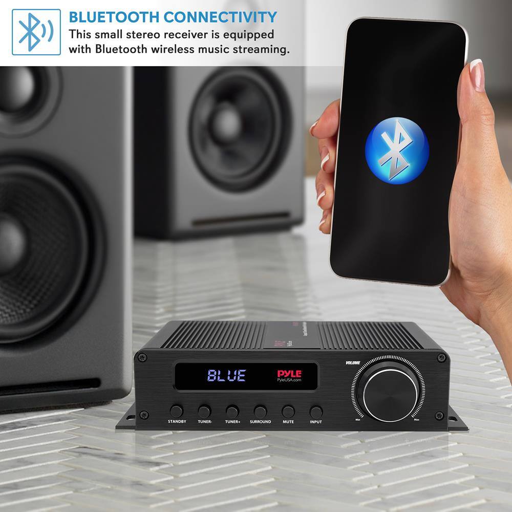 BLUETOOTH CONNECTIVITY  
This small stereo receiver is equipped with Bluetooth wireless music streaming.

BLUE PYLE  
PyleUSA.com  

VOLUME  
STANDBY  
TUNER  
SURROUND  
MUTE  
INPUT