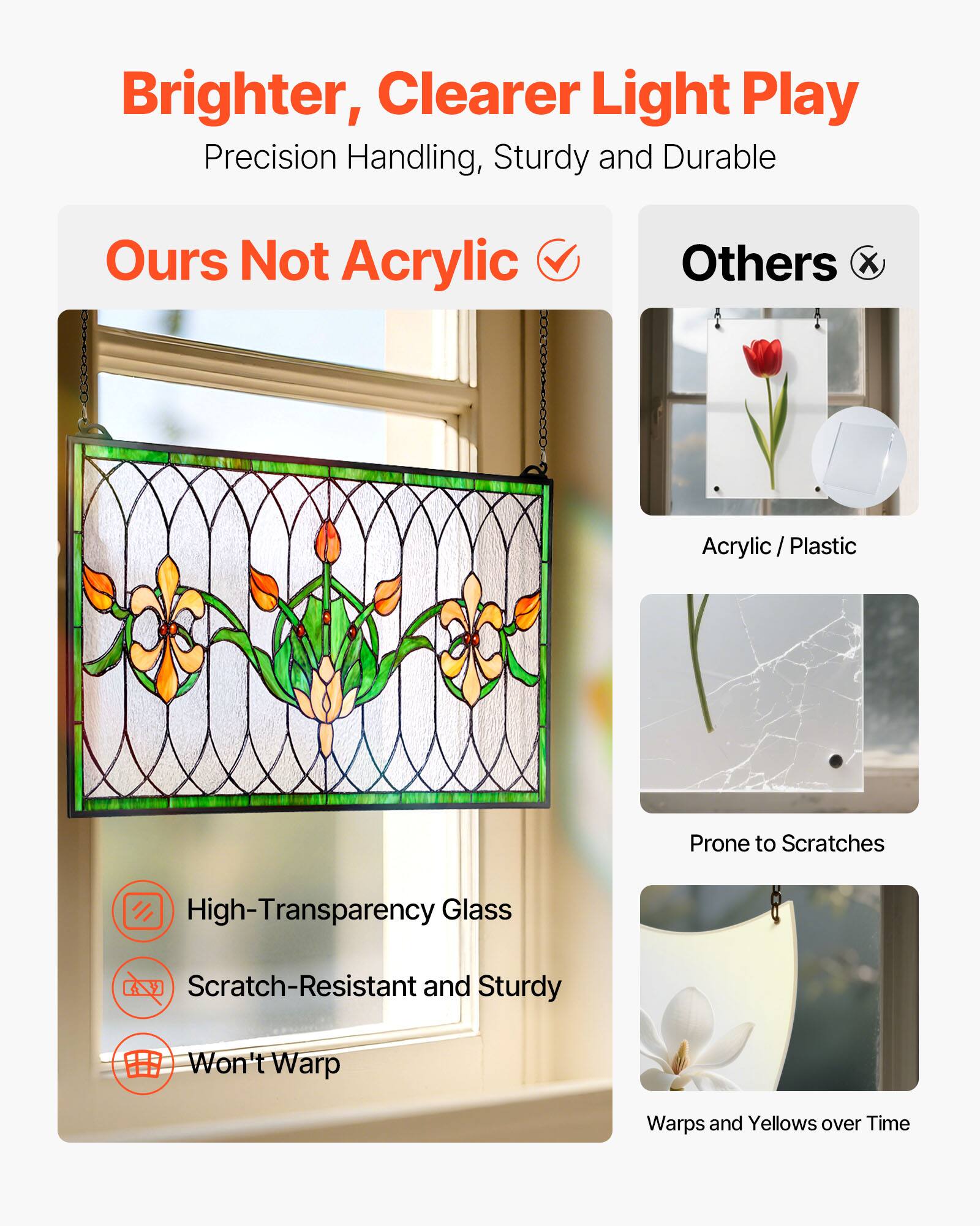 Brighter, Clearer Light Play  
Precision Handling, Sturdy and Durable  

Ours Not Acrylic  
High-Transparency Glass  
Scratch-Resistant and Sturdy  
Won't Warp  

Others  
Acrylic / Plastic  
Prone to Scratches  
Warps and Yellows over Time