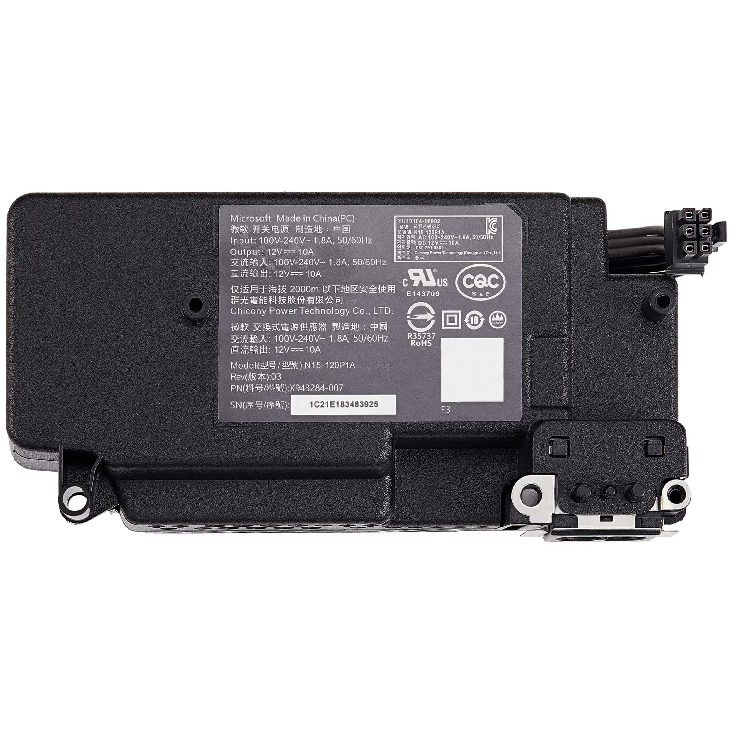 Microsoft Made in China (PC)  
TU10104-56002  

Input: 100V-240V~ 1.8A, 50/60Hz  
Output: 12V 10A  

Chicony Power Technology Co., LTD  

Model: N15-120P1A  
Rev: 03  
PN: X94328-007  
SN: 1C21E183483925  

E143709  
R35737  
RoHS  

CEC  
CQC  
1000m  

YU1954-16002  
R35737  
F3