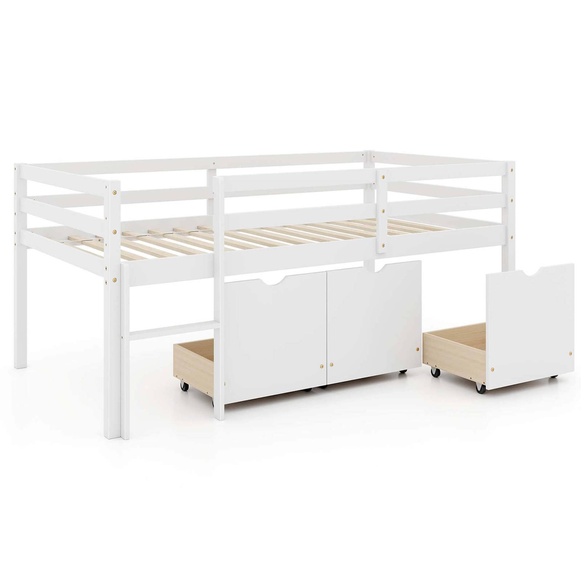 Alt View 6. Costway - Twin Size Low Loft Bed with 3 Drawers Ladder & Full-length Guardrails Storage - White.