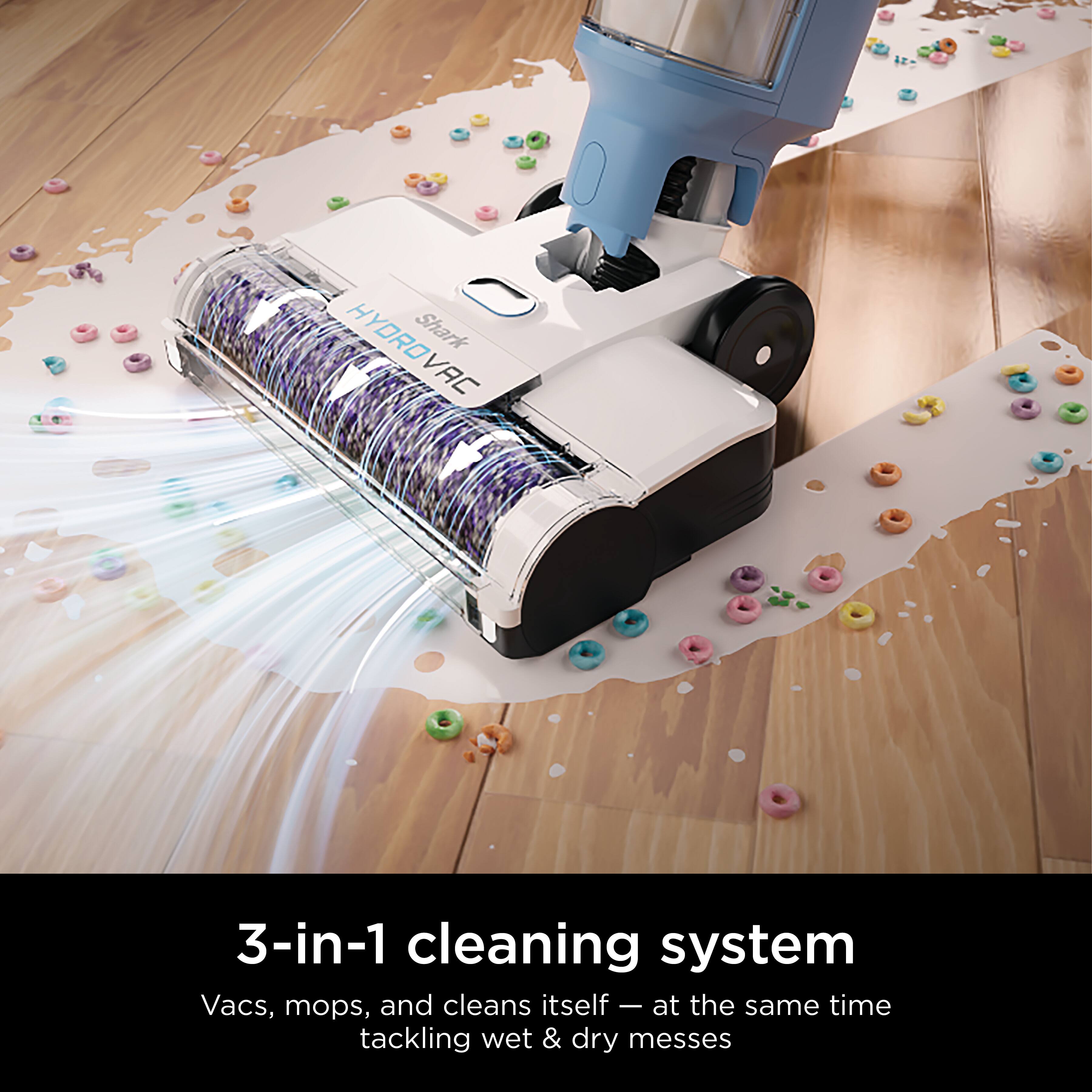 HYDROVAC Shark 3-in-1 cleaning system Vacs, mops, and cleans itself at the same time tackling wet & dry messes