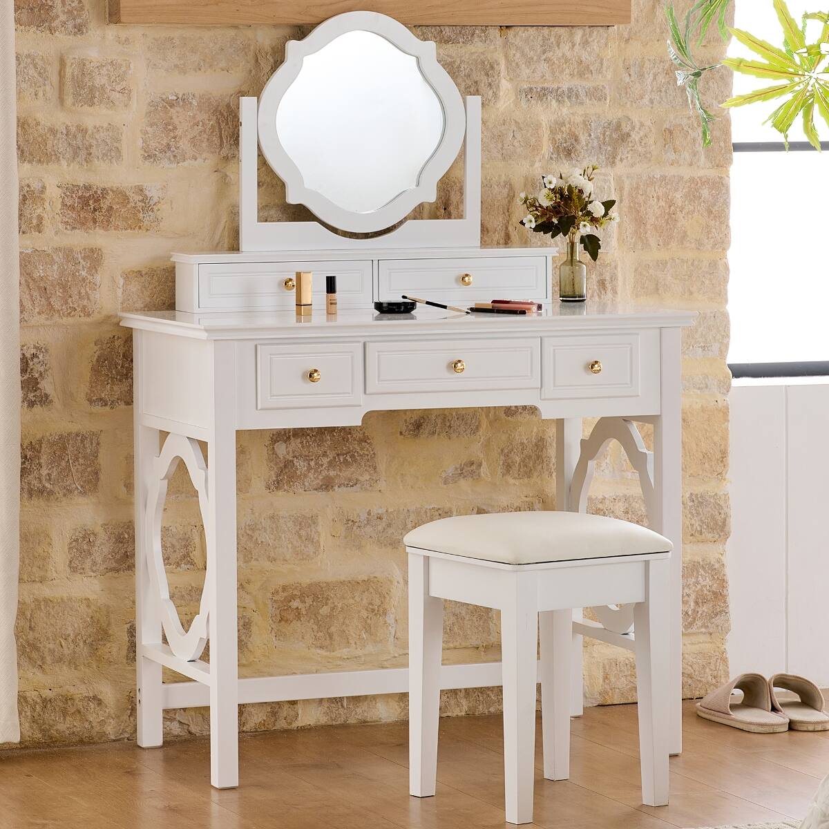 Angle. Loheer - Loheer Compact Makeup Vanity Table with Stool, Reversible Mirror, White - White.