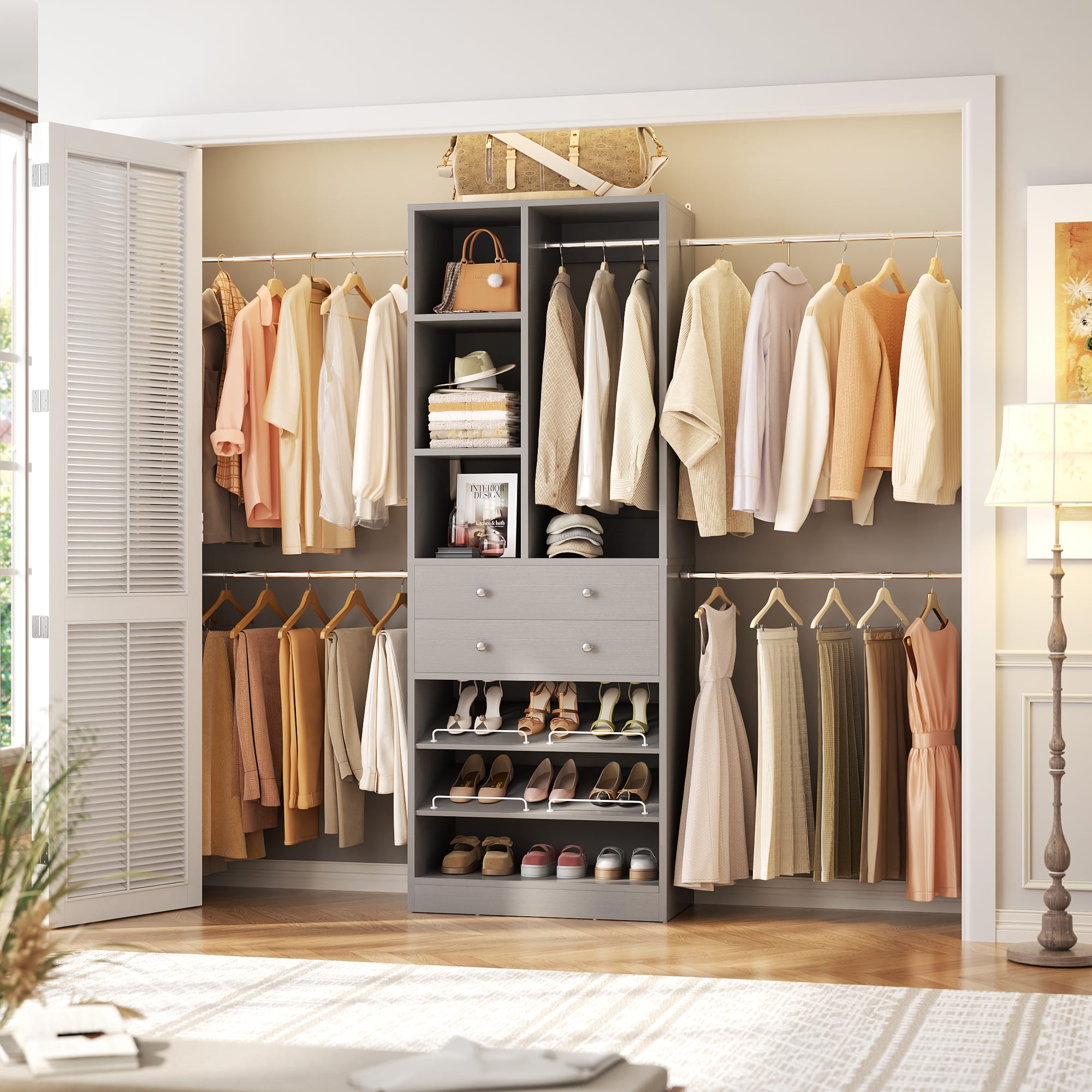 Aheaplus - 8FT Heavy Duty Closet System with Hanging Rods, Drawers, Shelves, and Shoe Racks, Wardrobe System for Bedroom/Closet - Gray