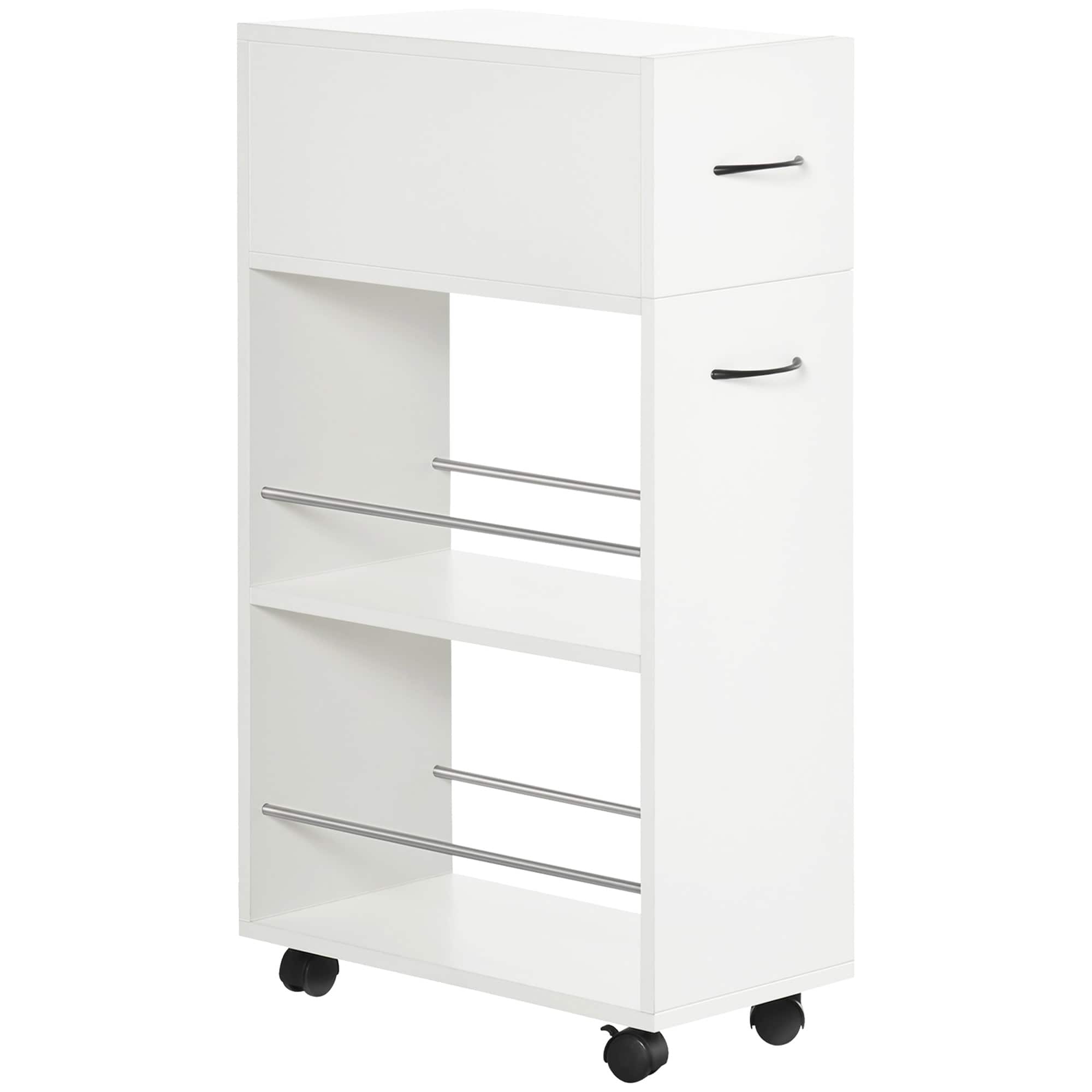 Homcom - 3- tier Slim Storage Cart, Rolling Narrow Kitchen Cart on Wheels for Small Place, Slide Out Side Utility Cart - White