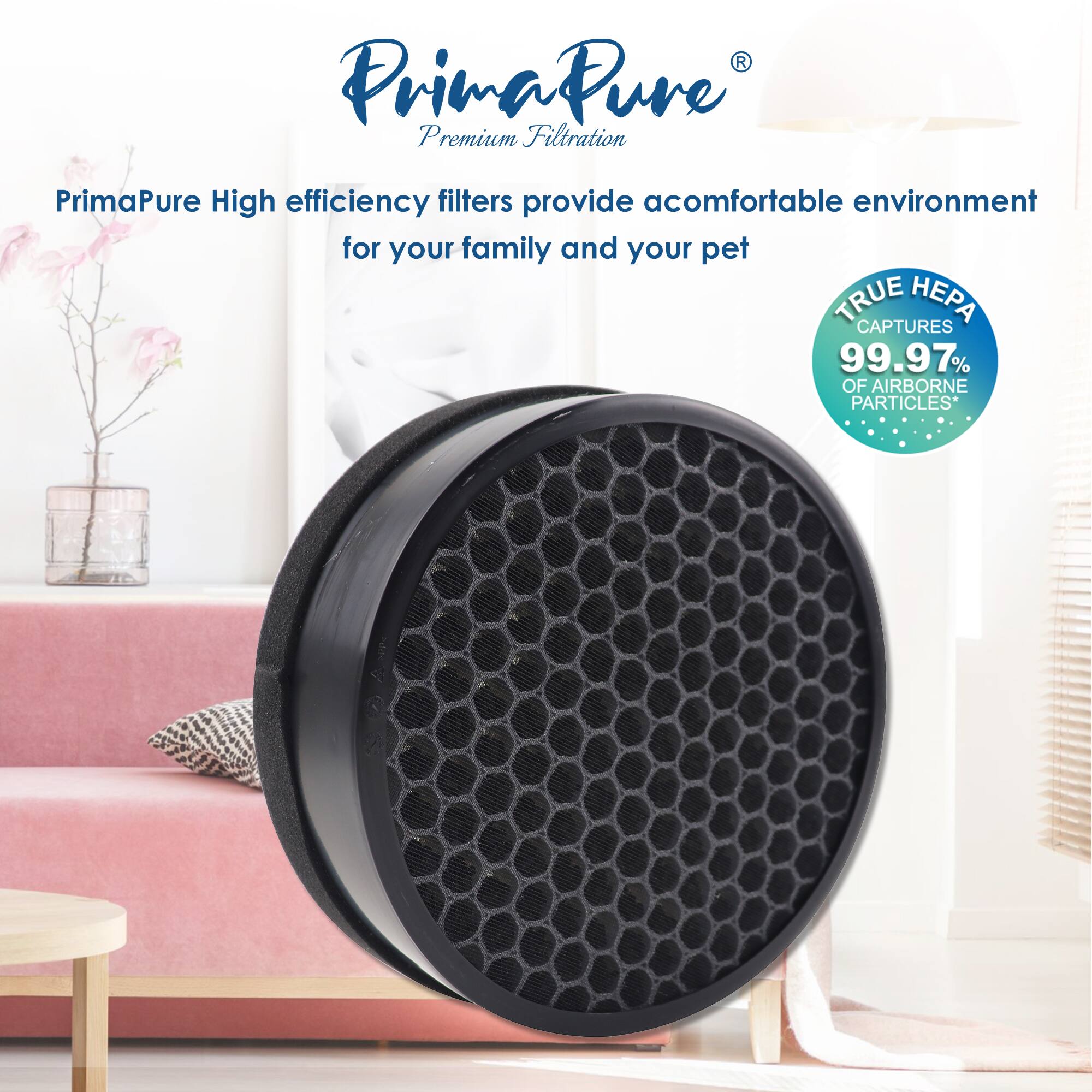 PrimaPure Premium Filtration

PrimaPure High efficiency filters provide a comfortable environment for your family and your pet

TRUE HEPA CAPTURES 99.97% OF AIRBORNE PARTICLES*