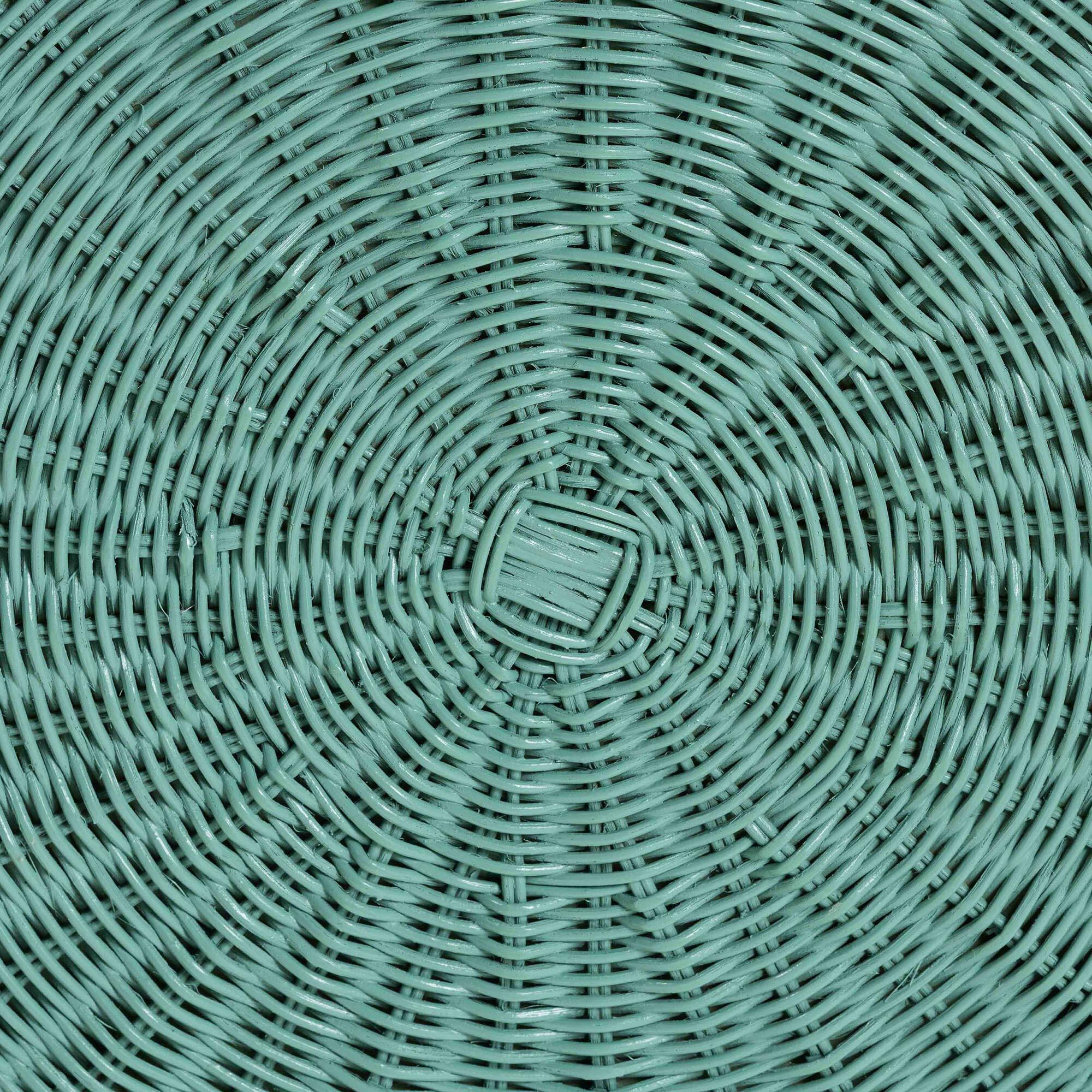 Back. bali & pari - Palm Scallop Rattan Console Table – Handwoven Wicker Round Accent Table Green - Teal Green.