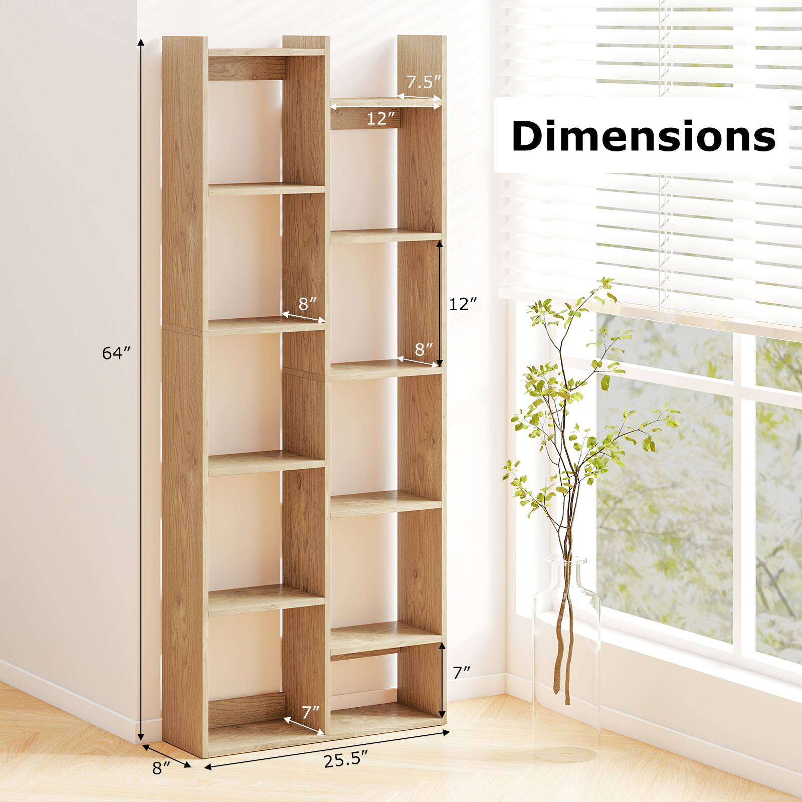 Dimensions: 64" (height), 25.5" (width), 7.5" (depth), 12" (shelf height), 8" (shelf depth), 7" (base width)