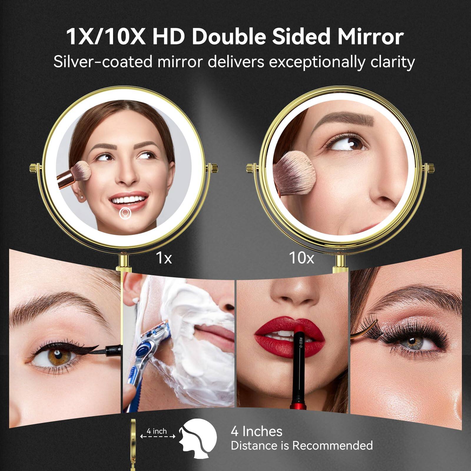 1X/10X HD Double Sided Mirror  
Silver-coated mirror delivers exceptionally clarity  

1x  
10x  

4 inches  
Distance is Recommended