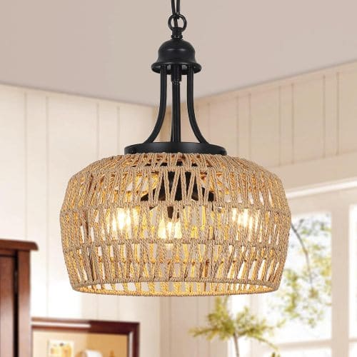 LISM - Farmhouse Chandelier 3-Light Boho Rattan Chandelier Light Fixture Ceiling Hanging with Woven Lampshade - Brown