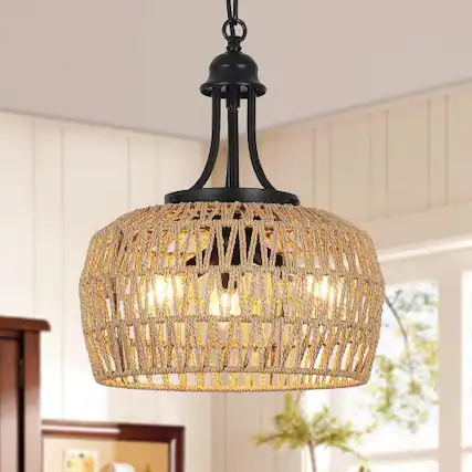 Front. LISM - Farmhouse Chandelier 3-Light Boho Rattan Chandelier Light Fixture Ceiling Hanging with Woven Lampshade - Brown.