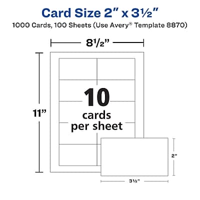 Card Size: 2" x 3½"

1000 Cards, 100 Sheets (Use Avery® Template 8870)

8½" x 11"

10 cards per sheet

2" x 3½"