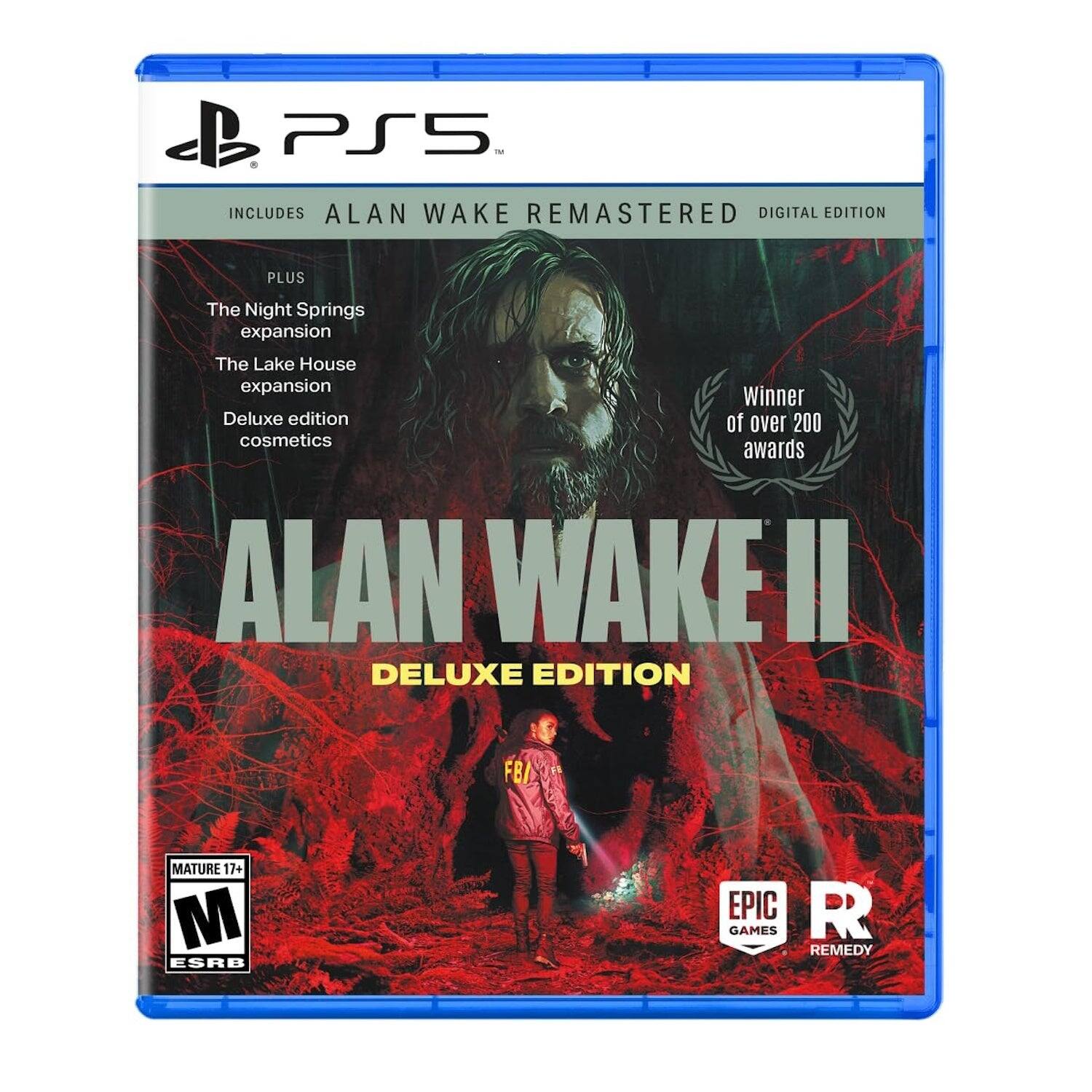 PS5 - Includes Alan Wake Remastered Digital Edition Plus The Night Springs Expansion The Lake House Expansion Deluxe Edition of over 200 Cosmetics Awards Alan Wake II Deluxe Edition FB/ M Mature 17+ M ESRB Epic Games Remedy