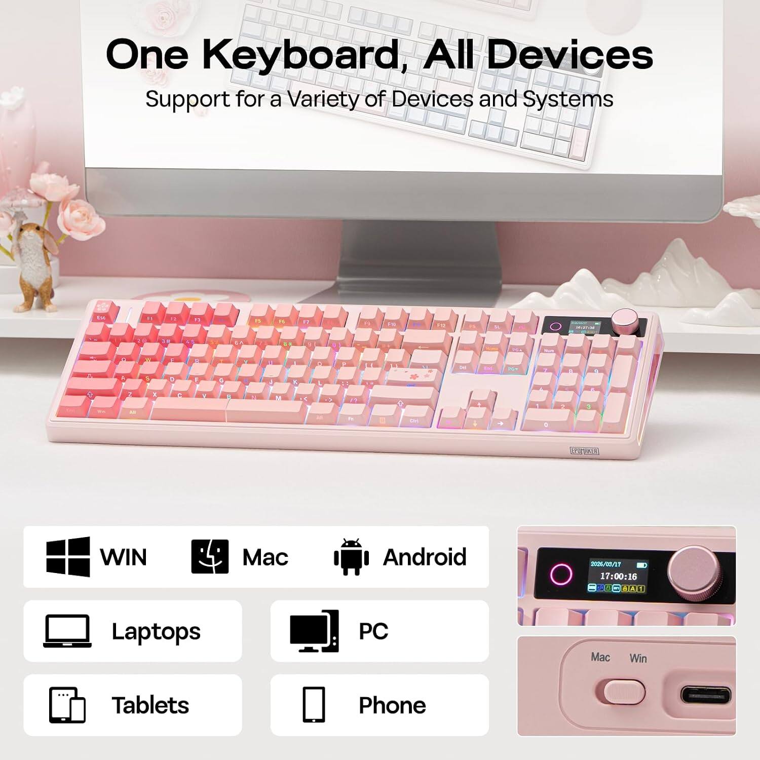 One Keyboard, All Devices  
Support for a Variety of Devices and Systems  

WIN  
Mac  
Android  

Laptops  
PC  
Tablets  
Phone  

2008/03/27 - 17:00:16  
BIAL