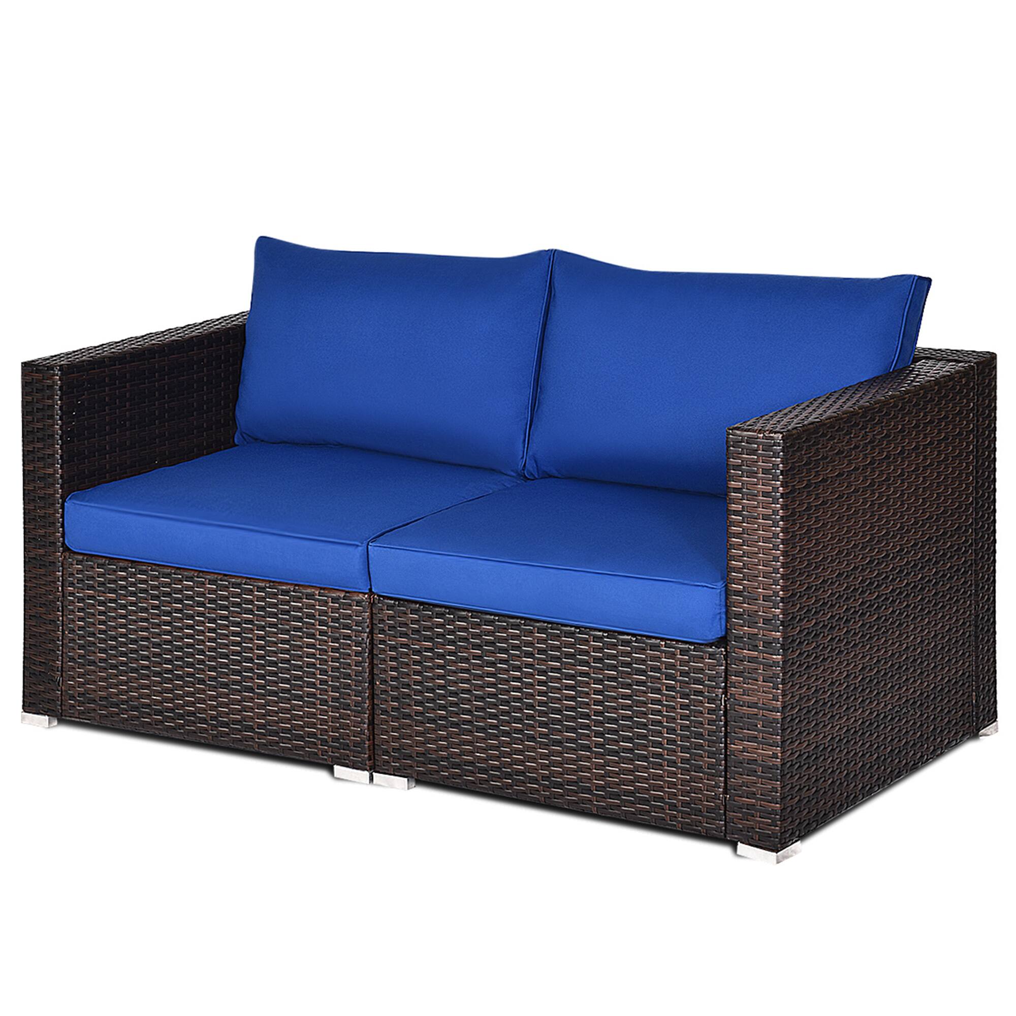 Alt View 1. Gymax - Gymax 2PCS Rattan Corner Sofa Set Patio Outdoor Furniture Set w/ 4 Navy Cushions - Navy.