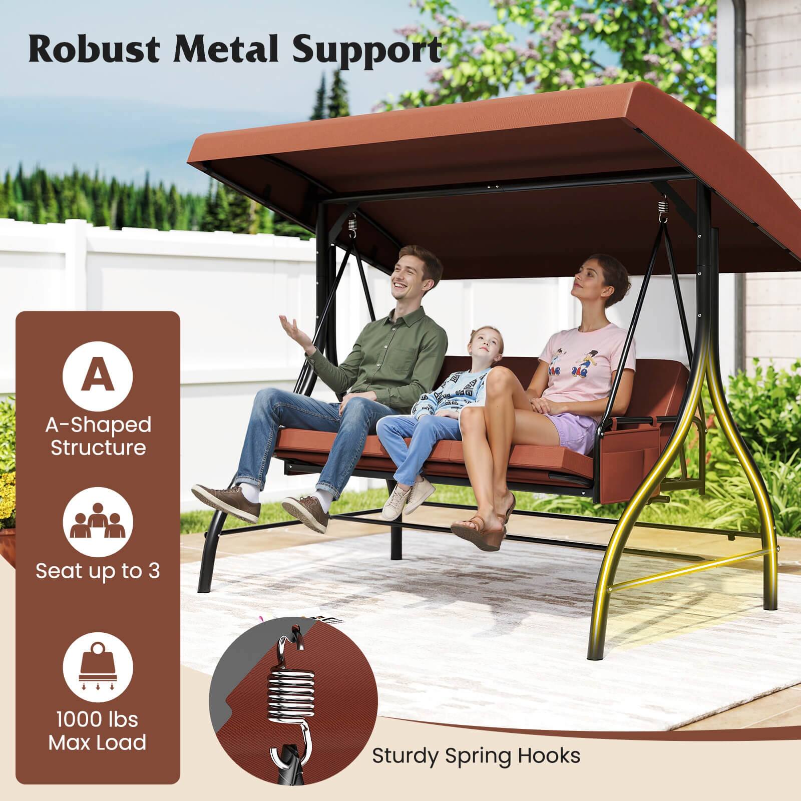 Robust Metal Support

A-Shaped Structure

Seat up to 3

1000 lbs Max Load

Sturdy Spring Hooks