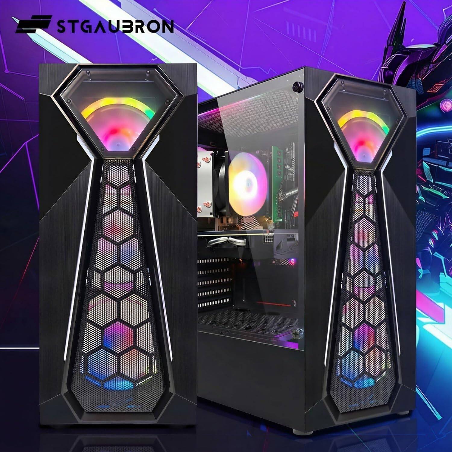 Left. STGAubron - STGAubron Gaming Desktop PC, AMD Ryzen 3 3200G 3.6GHz, Radeon RX 580 8G, 16G RAM, 512G SSD, WiFi 6, BT 5.0, Win11 Home - Black.