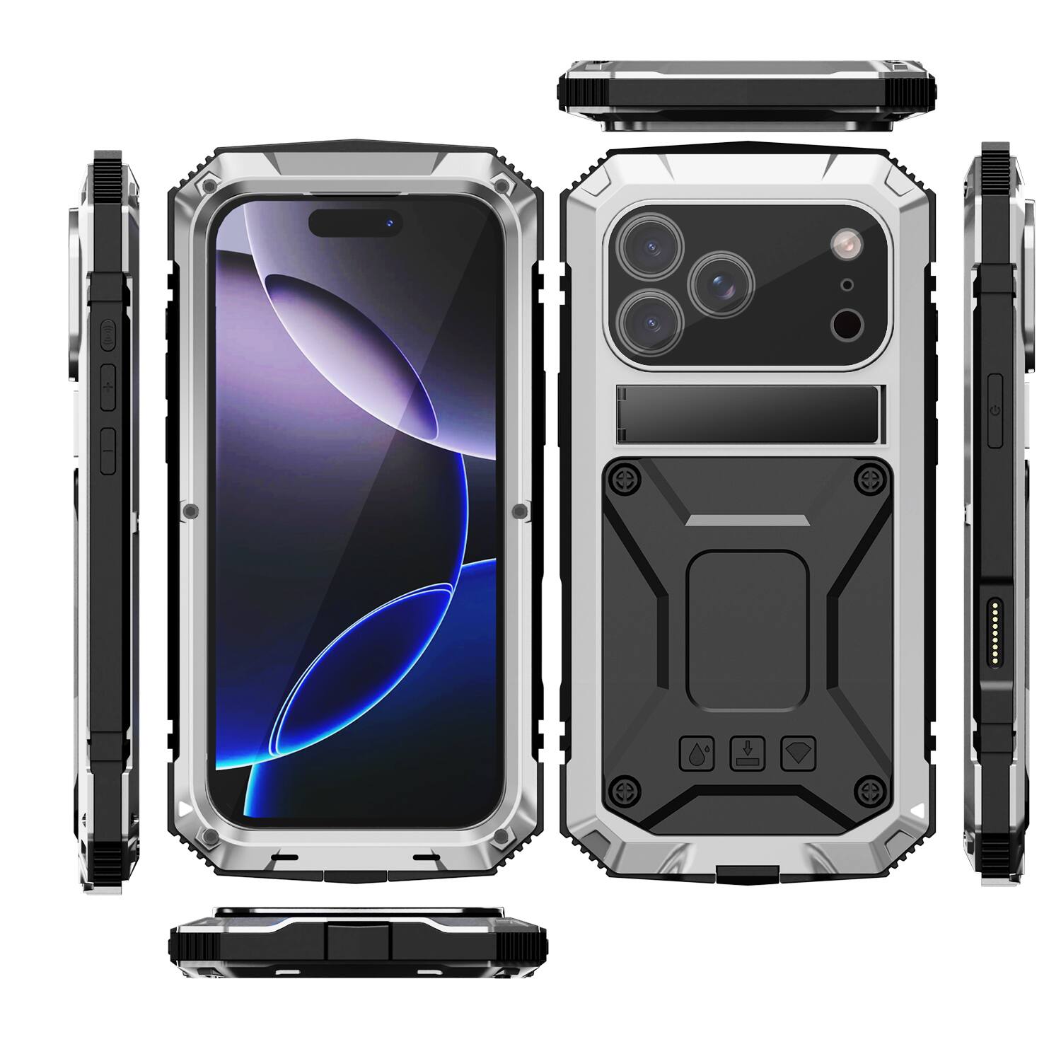 Alt View 2. Dteck - For Apple iPhone 17 Pro Case Outdoor Sports Kickstand Rugged Heavy Duty Full Body Cover with Built in Screen Protector - Silver.