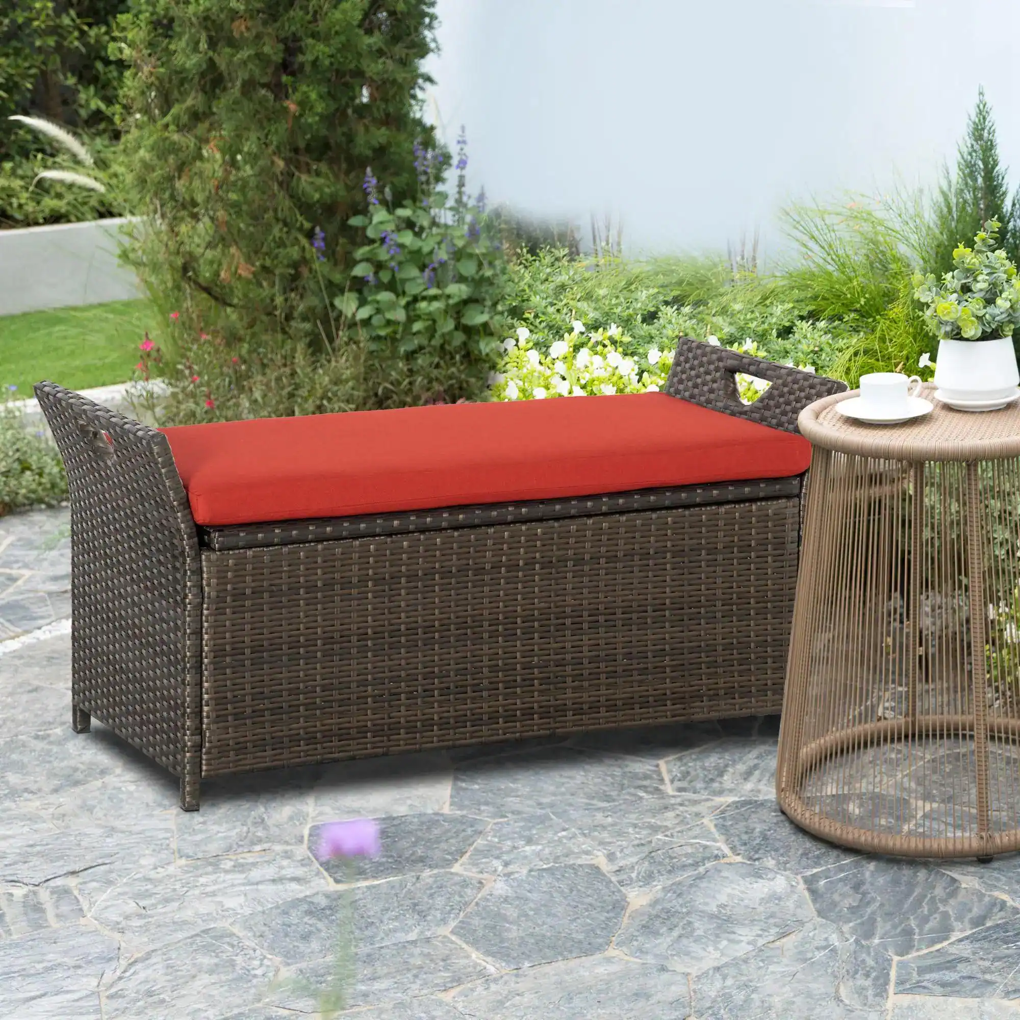 Left. Resenkos - Resenkos 29 Gallon Wicker Bench, Outdoor PE Rattan Storage Box, 2-in-1 Large Rectangular Garden Seat, Red Handles, Red - Red.