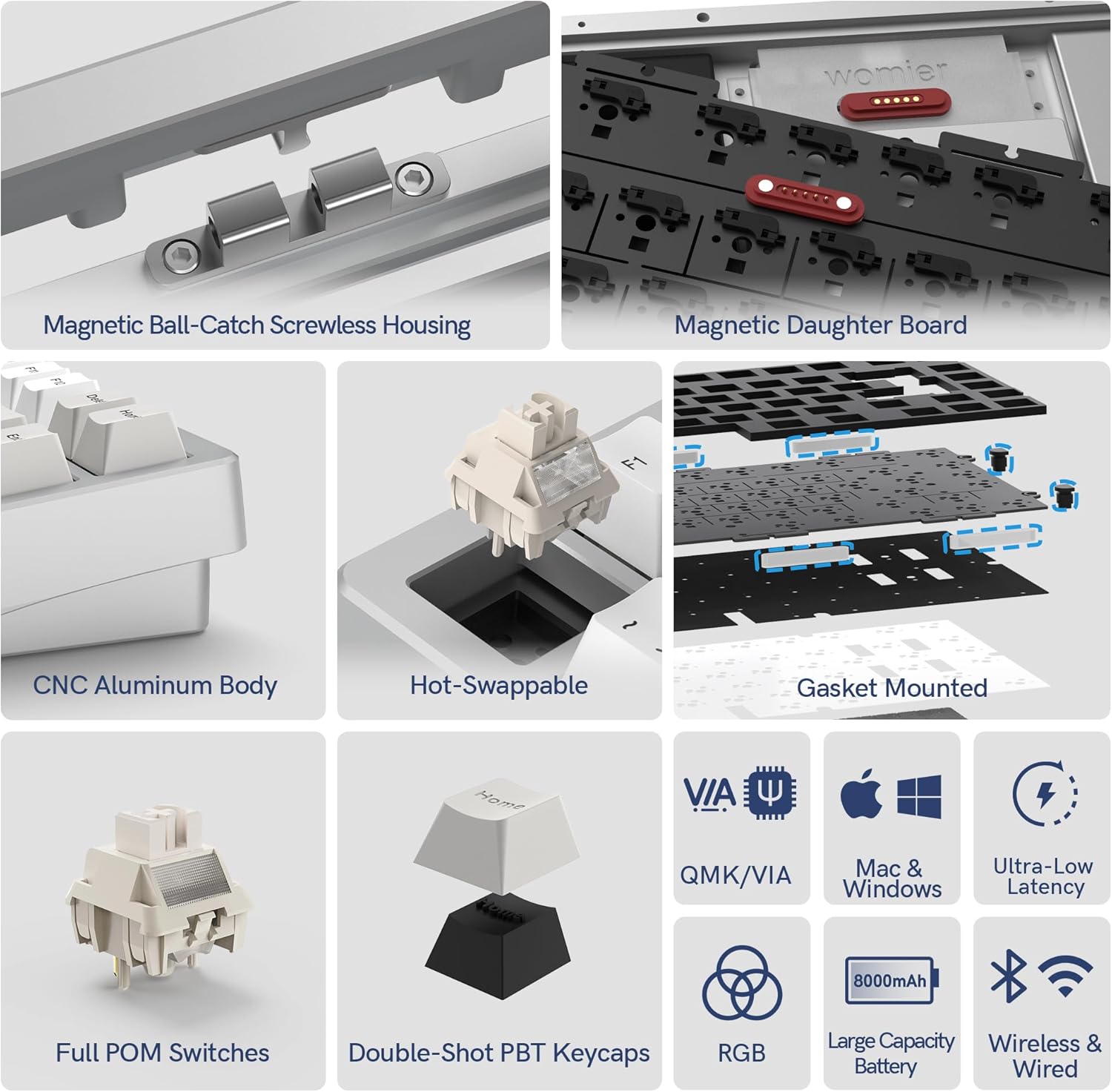 - Magnetic Ball-Catch Screwless Housing
- Magnetic Daughter Board
- CNC Aluminum Body
- Hot-Swappable
- Gasket Mounted
- Full POM Switches
- Double-Shot PBT Keycaps
- RGB
- QMK/VIA
- Mac & Windows
- Ultra-Low Latency
- Large Capacity Battery (8000mAh)
- Wireless & Wired