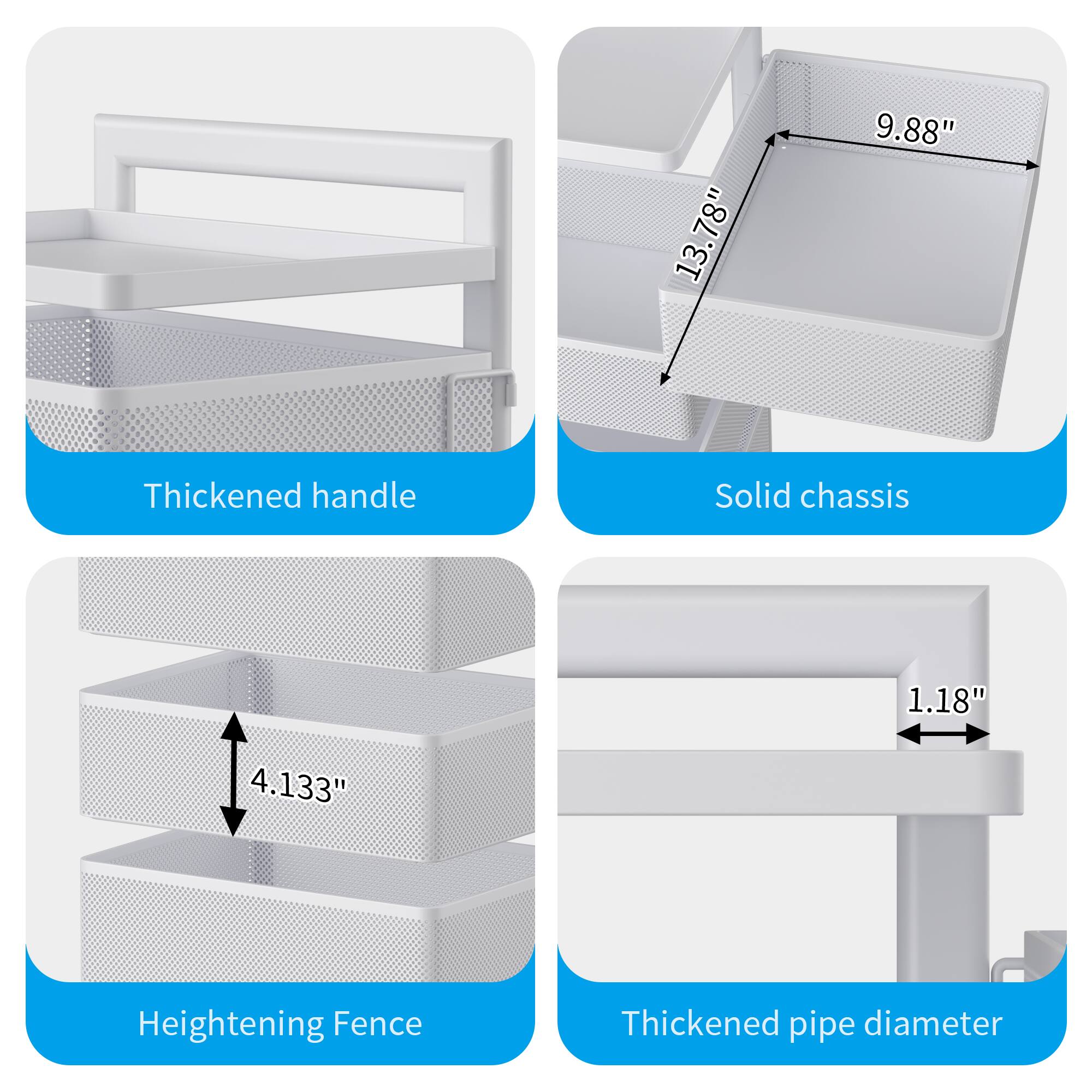 1. Thickened handle
2. Solid chassis
   - 13.78"
   - 9.88"
3. Heightening Fence
   - 4.133"
4. Thickened pipe diameter
   - 1.18"
