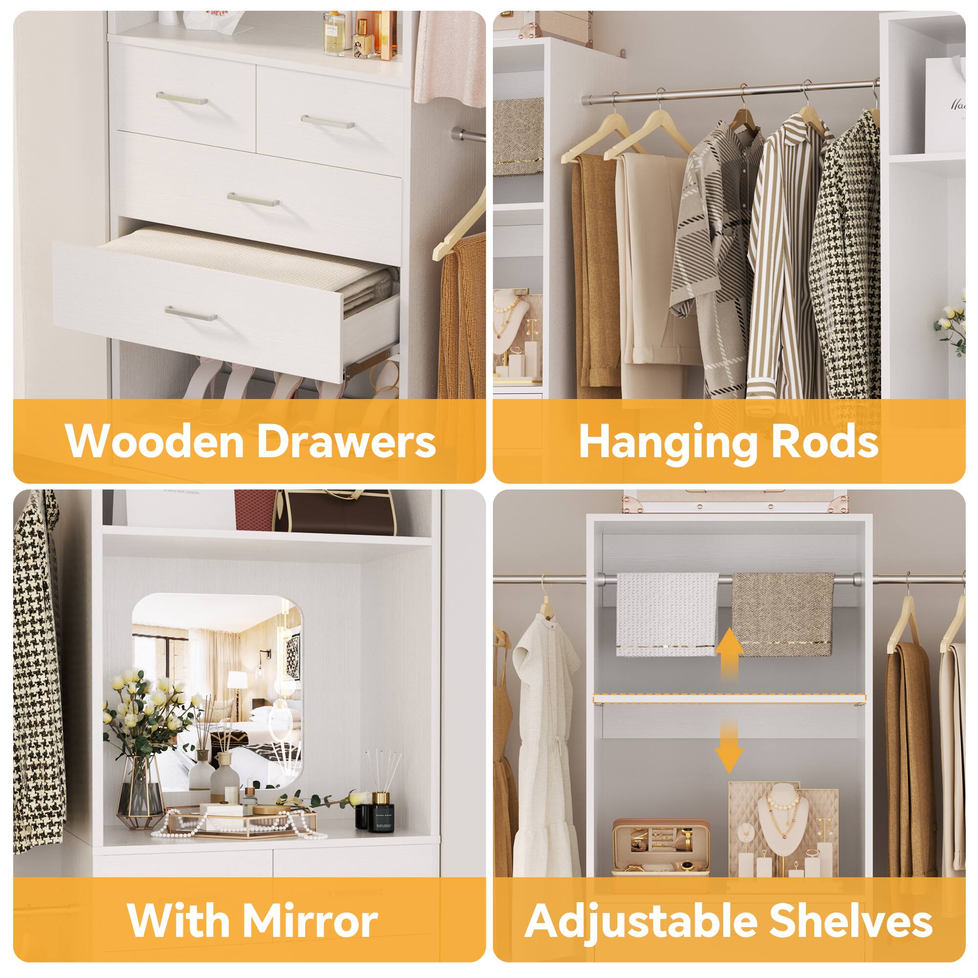 Wooden Drawers Hanging Rods With Mirror Adjustable Shelves