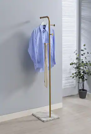 Front. Kings Brand Furniture - Kings Brand Furniture Freestanding Coat Rack Stand, Gold Metal Hat & Coat Tree with Marble Finish Base, Curved Arm - Gold.