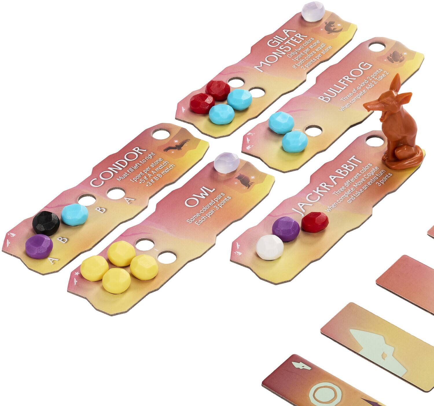 - **CONDOR**  
  Must fill left to right  
  1 point per stone  
  1 point for A match  
  1 point for B match  
  1 point for A & B match  

- **OWL**  
  Same-color pairs  
  Each pair 2 points  

- **GILA MONSTER**  
  Only 1 stone per space  
  1 point for each stone  
  2 points for a pair  

- **BULLFROG**  
  Three of a kind  
  When complete 2 points  

- **JACKRABBIT**  
  Three of a kind  
  When complete 3 points