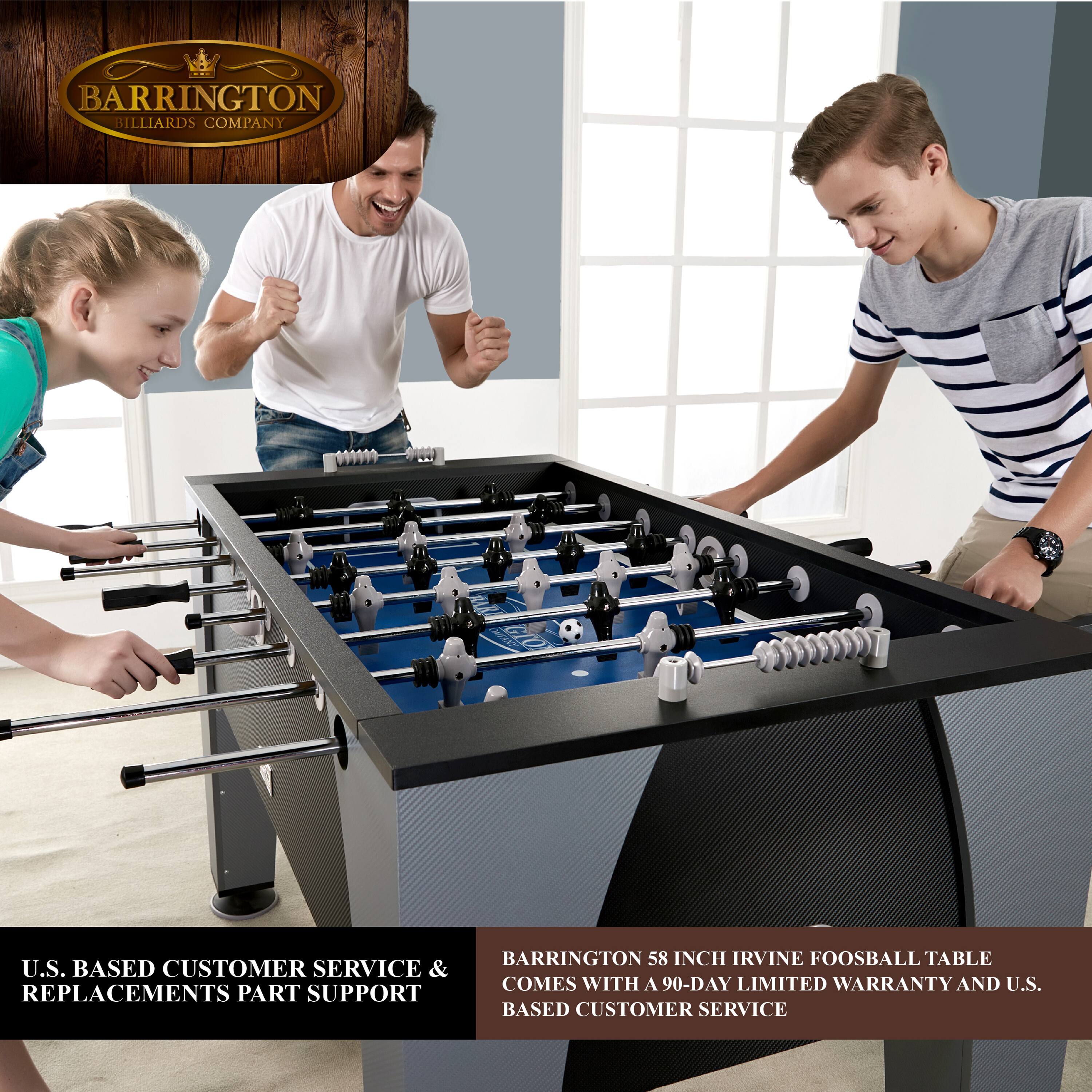 The text on the image reads: "BARRINGTON SILLIARDS COMPANY U.S. BASED CUSTOMER SERVICE & REPLACEMENTS PART SUPPORT BARRINGTON 58 INCH IRVINE FOOSBALL TABLE COMES WITH A 90-DAY LIMITED WARRANTY AND U.S. BASED CUSTOMER SERVICE."