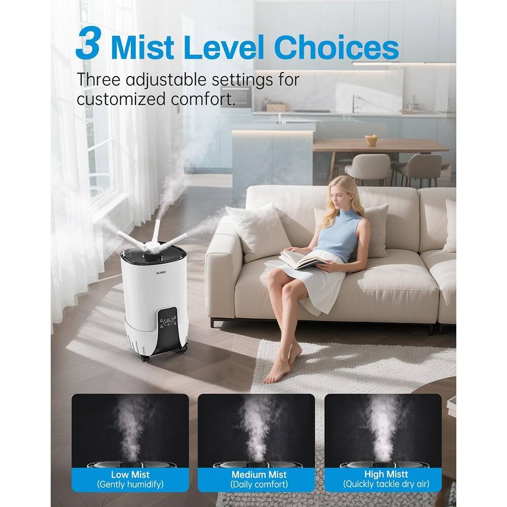 3 Mist Level Choices

Three adjustable settings for customized comfort.

- Low Mist (Gently humidify)
- Medium Mist (Daily comfort)
- High Mist (Quickly tackle dry air)