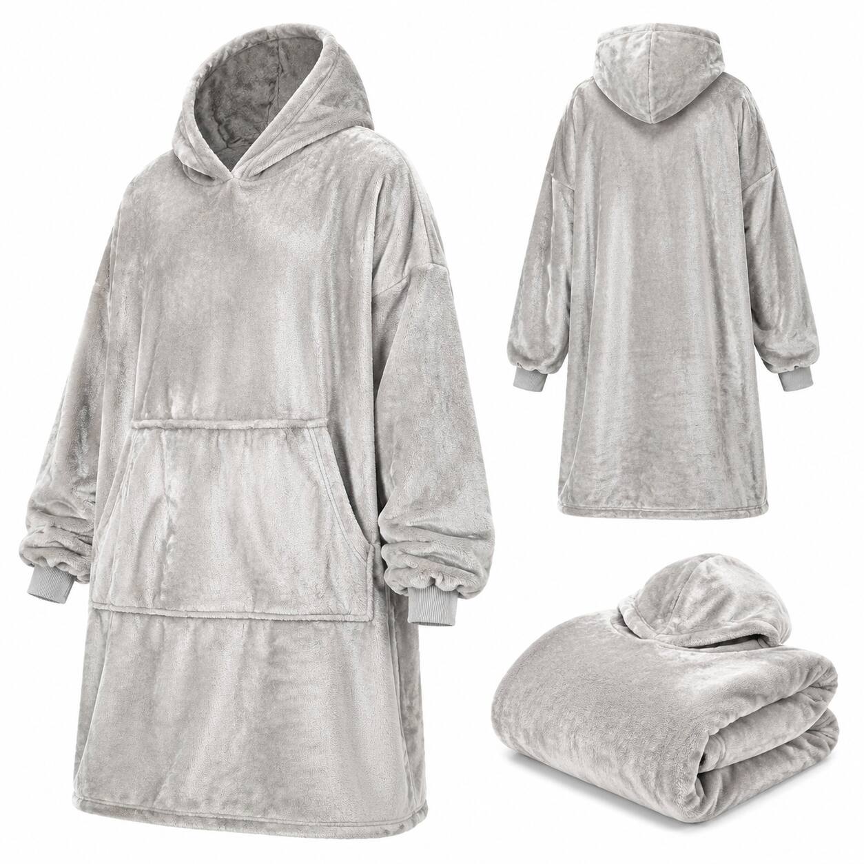 Back. Oumilen - Oversized Wearable Hoodie Blanket, 55.1 Inch XL Super Soft Flannel Hooded Blanket Sweatshirt with Pocket, Light Gray - Light Gray.