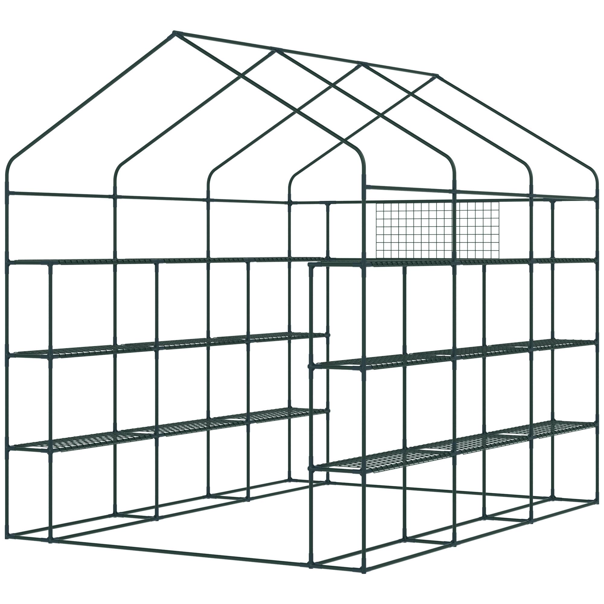 Alt View 8. Outsunny - 8' x 6' x 7' Walk-in Greenhouse with Mesh Door and Windows, 18 Shelf Green House with Trellis, Plant Labels.