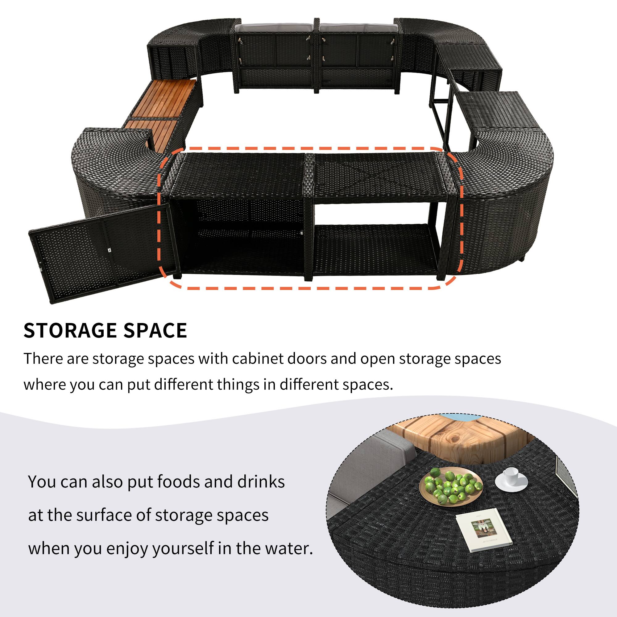STORAGE SPACE

There are storage spaces with cabinet doors and open storage spaces where you can put different things in different spaces.

You can also put foods and drinks at the surface of storage spaces when you enjoy yourself in the water.