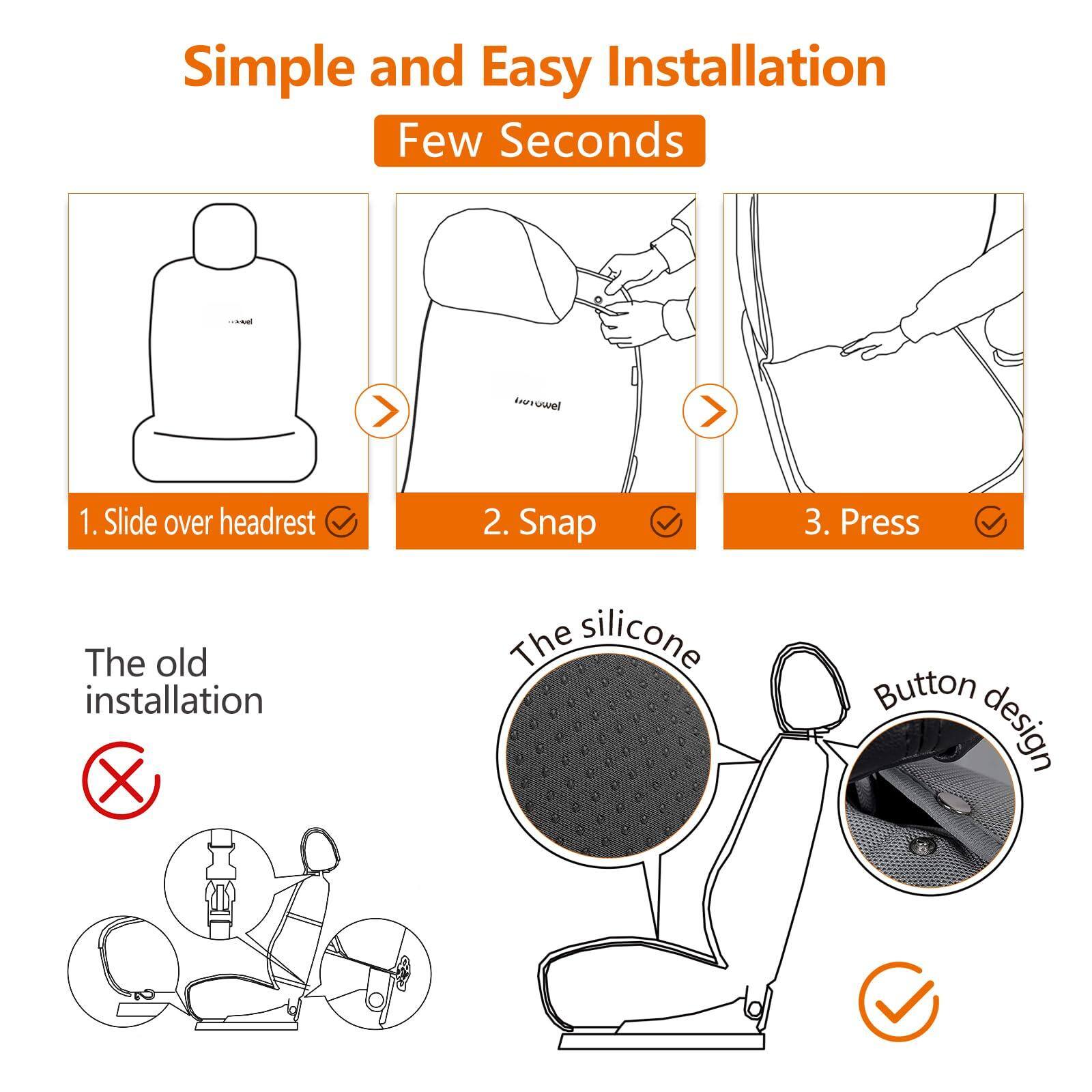 Simple and Easy Installation  
Few Seconds

1. Slide over headrest  
2. Snap  
3. Press  

The old installation  
The silicone  
Button design