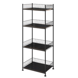 Oumilen - 4-Tier Black Storage Shelf with Guard Rail, Wood Board Metal Wire Frame Narrow Vertical Organizer Rack - Black
