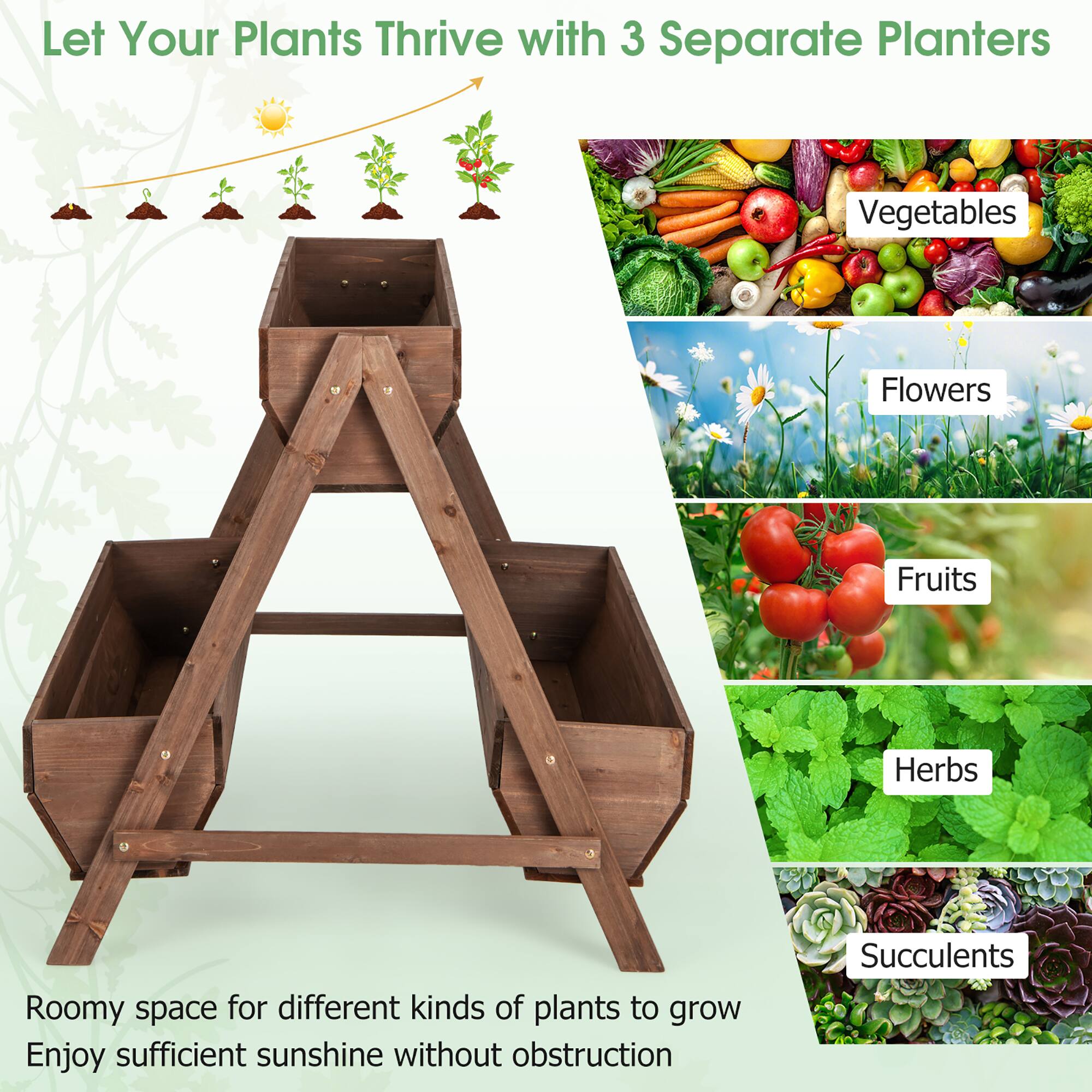 Let Your Plants Thrive with 3 Separate Planters

Roomy space for different kinds of plants to grow  
Enjoy sufficient sunshine without obstruction

- Vegetables
- Flowers
- Fruits
- Herbs
- Succulents