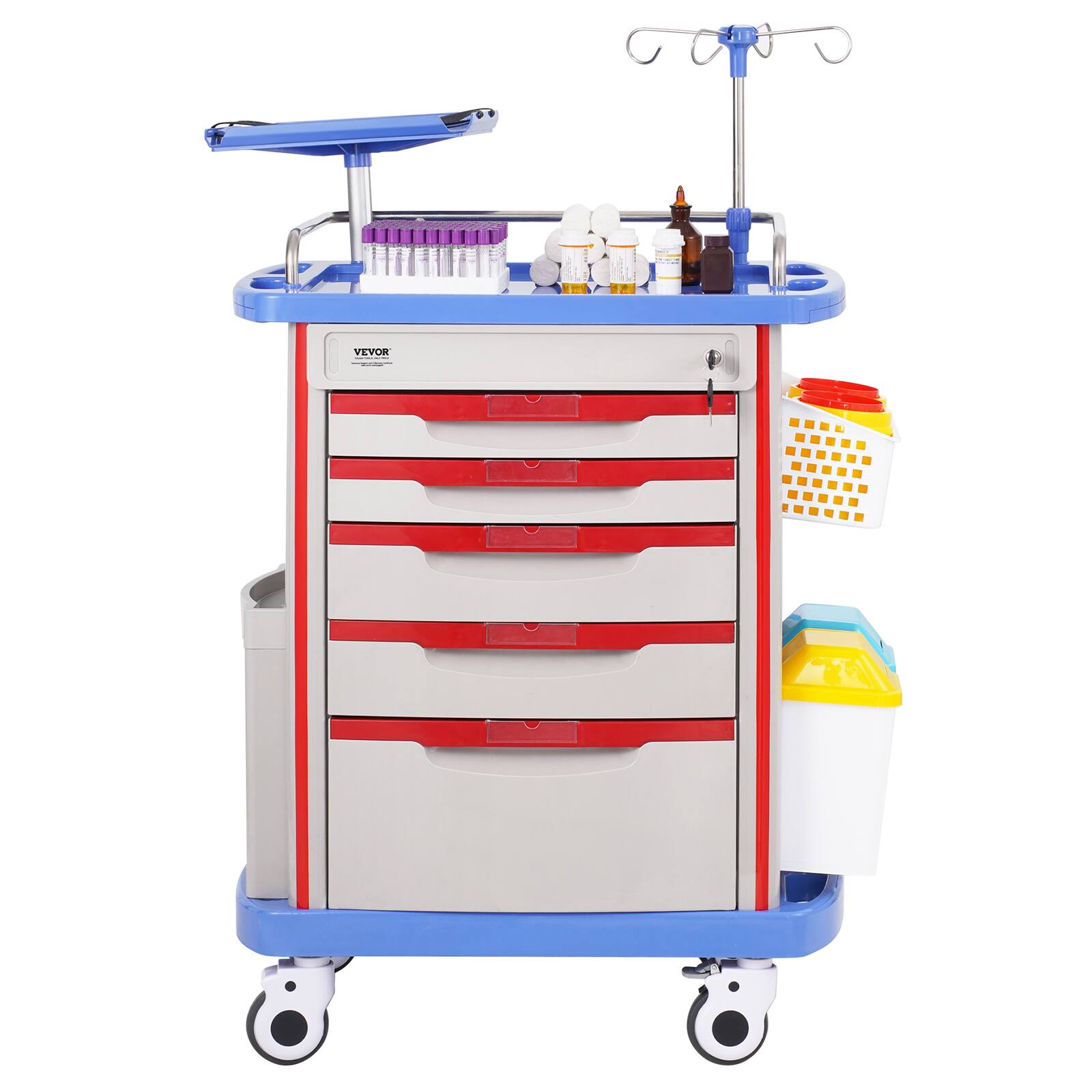Alt View 5. VEVOR - 5 Tiers Lab Carts, Lab Utility Cart with 5 Drawers & 4 Silent Wheels, Mobile Medical Cart with PP Material, 2 Trash Cans - White.