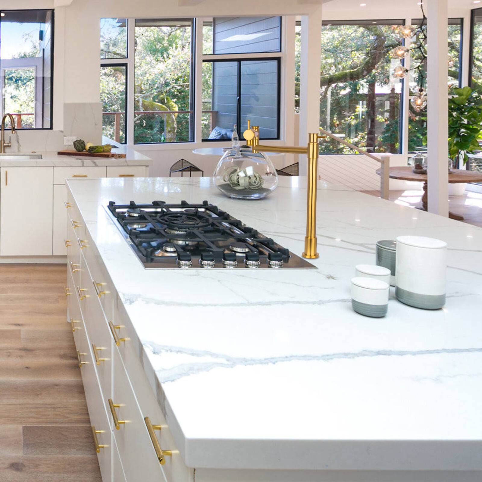 Alt View 6. Akicon - Akicon Solid Brass Deck-Mounted Pot Filler Kitchen Faucet with Double Joint Swing Arms in Brushed Gold - Brushed Gold.