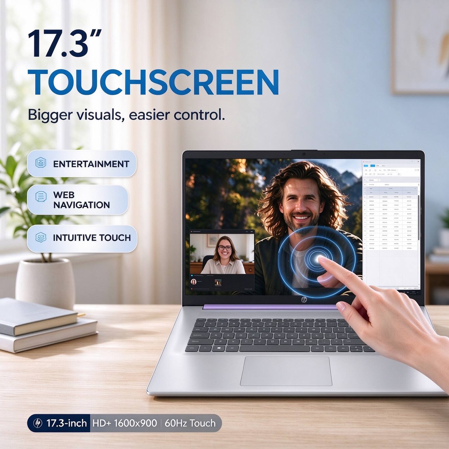 17.3" TOUCHSCREEN  
Bigger visuals, easier control.  

ENTERTAINMENT  
WEB NAVIGATION  
INTUITIVE TOUCH  

17.3-inch HD+ 1600x900 60Hz Touch