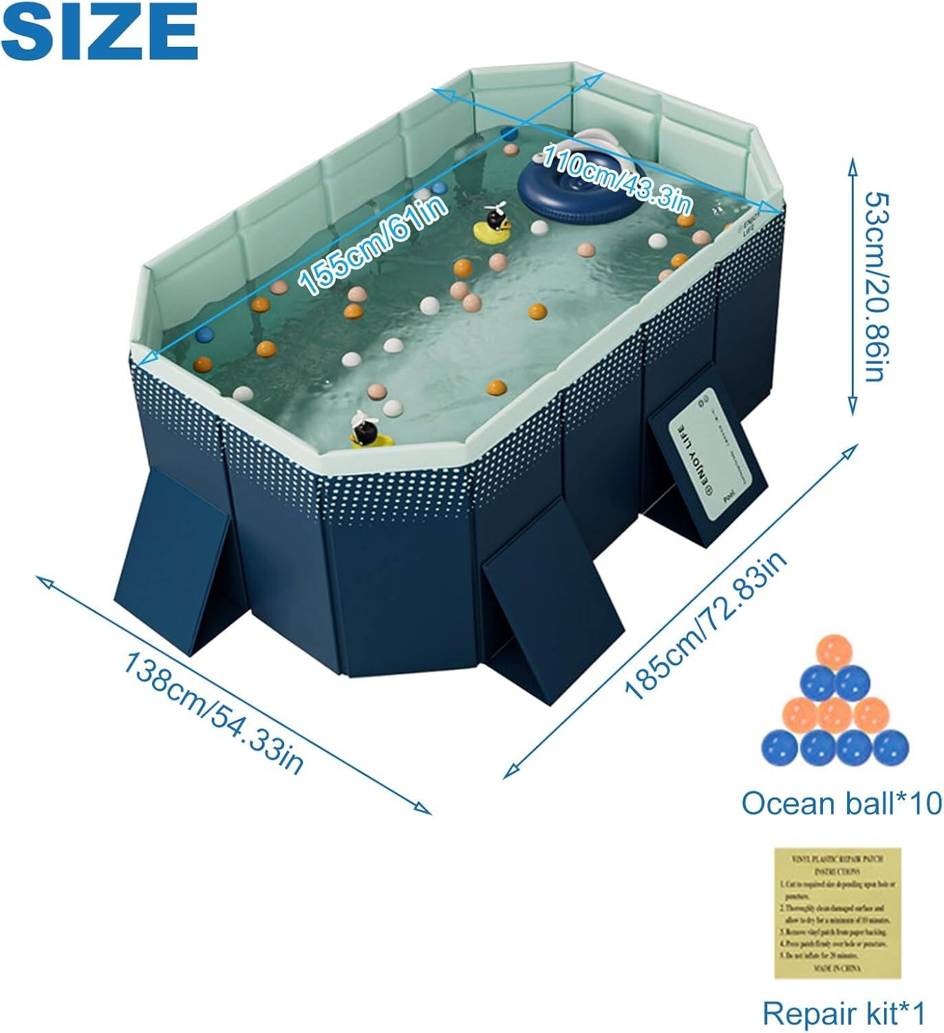 SIZE: 110cm/43.3in, 155cm/61in, 53cm/20.86in, 185cm/72.83in, 138cm/54.33in

- Ocean ball*10
- Repair kit*1