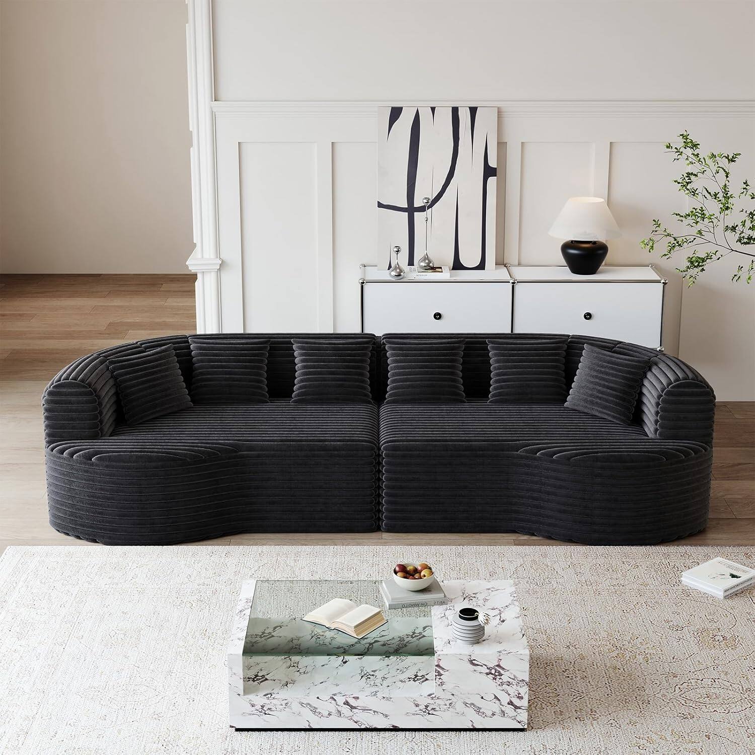 Front. Trinkets Crazed - 106.3" Curved Sectional Sofa Oversized Deep Seat Cloud Couch with 6 Pillows - black.