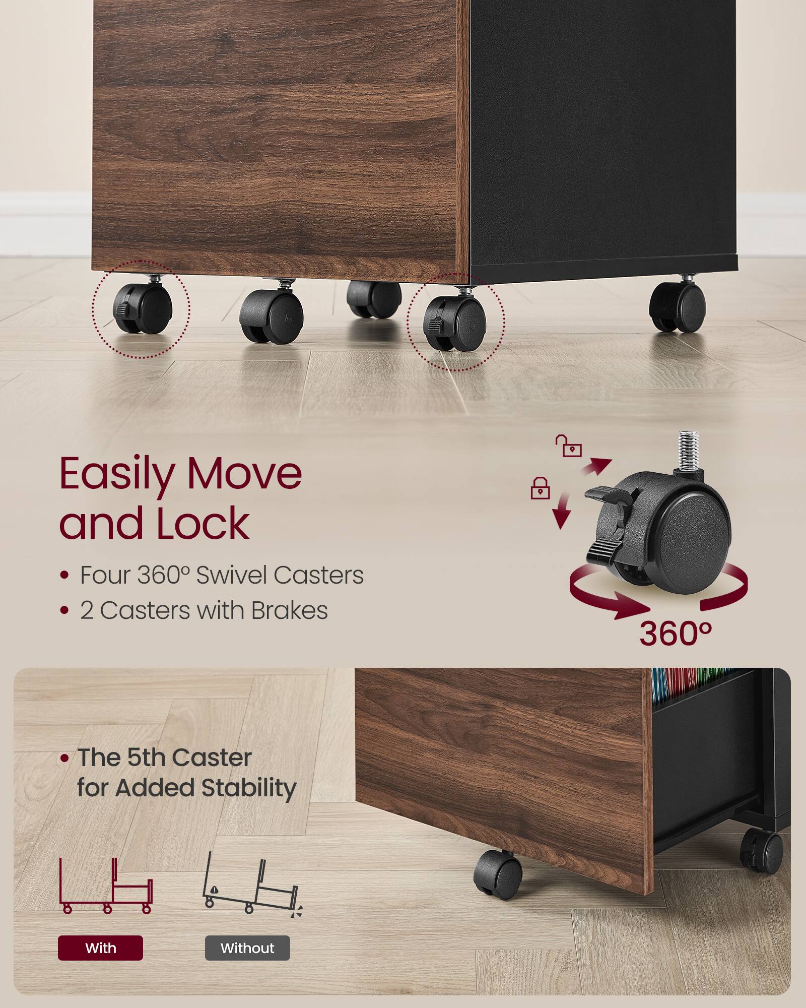 Easily Move and Lock  
- Four 360° Swivel Casters  
- 2 Casters with Brakes  

The 5th Caster for Added Stability  
With  
Without