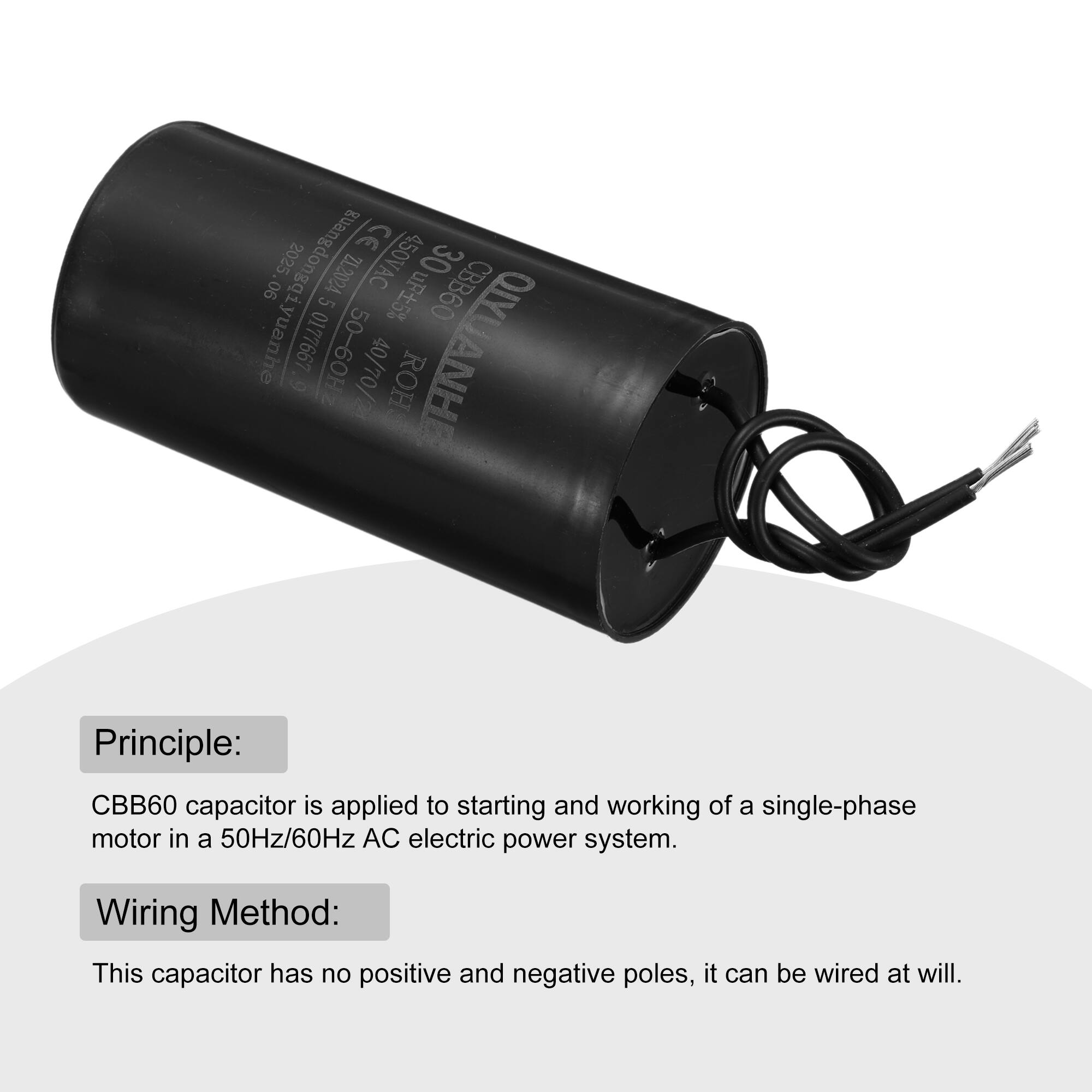 guangdongqi CE 2025 ZL.2024 450VAC 90 5 30UF5% uF5% CBB60 iyuanhe 9 2992210 50-60H 40/70/ ROH QIYUANHE

Principle: CBB60 capacitor is applied to starting and working of a single-phase motor in a 50Hz/60Hz AC electric power system.

Wiring Method: This capacitor has no positive and negative poles, it can be wired at will.