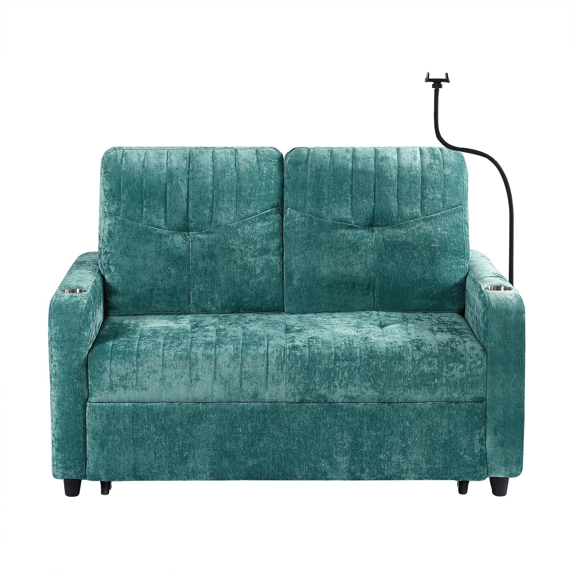 Alt View 8. Boyel Living - Multi-Functional 54 Inch Loveseat Sofa Bed with Adjustable Backrest, Charging Ports, and Cup Holders in Teal - Teal.